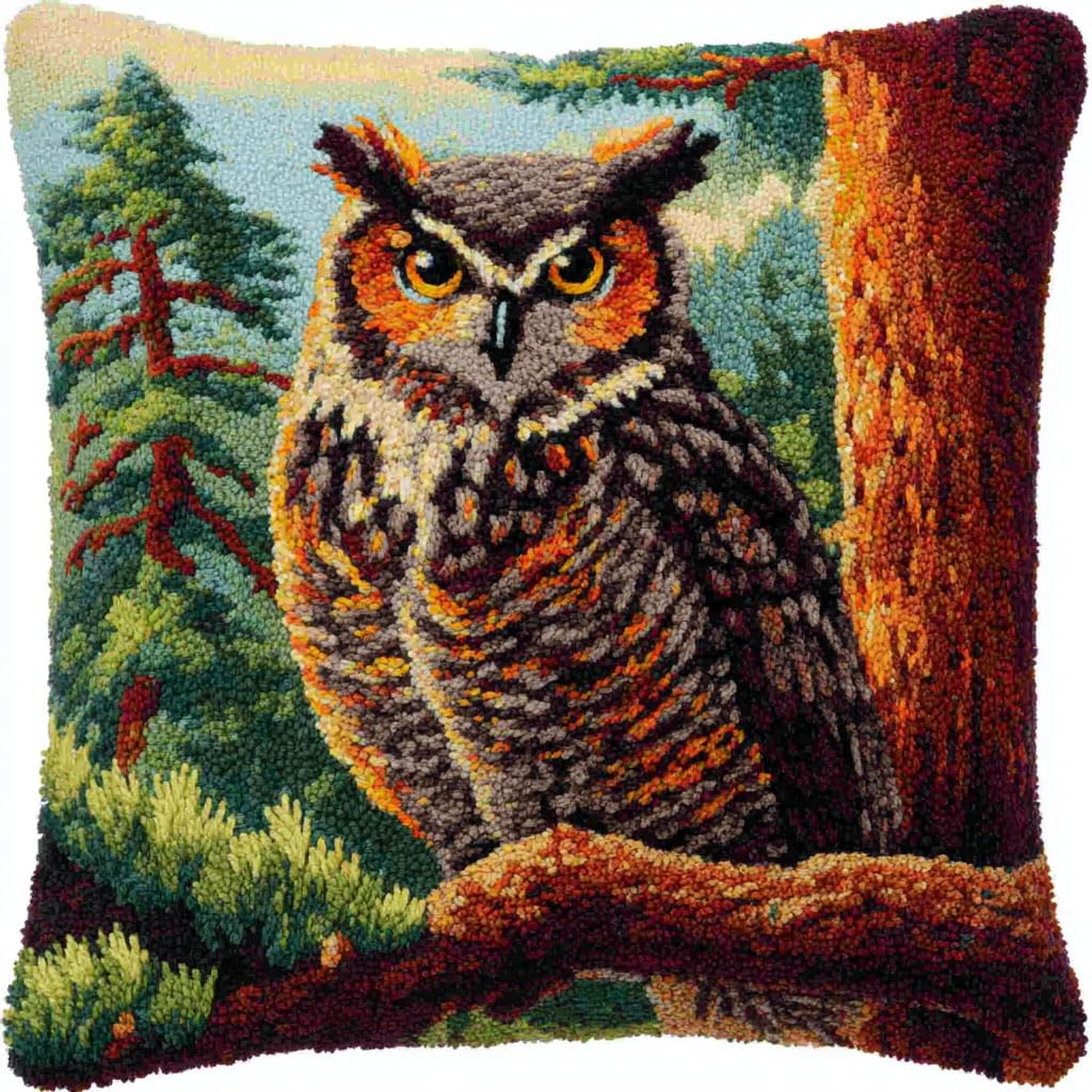 AMBATTERY Latch Hook Throw Pillow Kits for Adults, Animal Owl DIY Cushion Pillowcase Cross Stitch Latch Hook Rug Kits with Pre Printed Canvas Crochet Yarn Kit,43x43cm