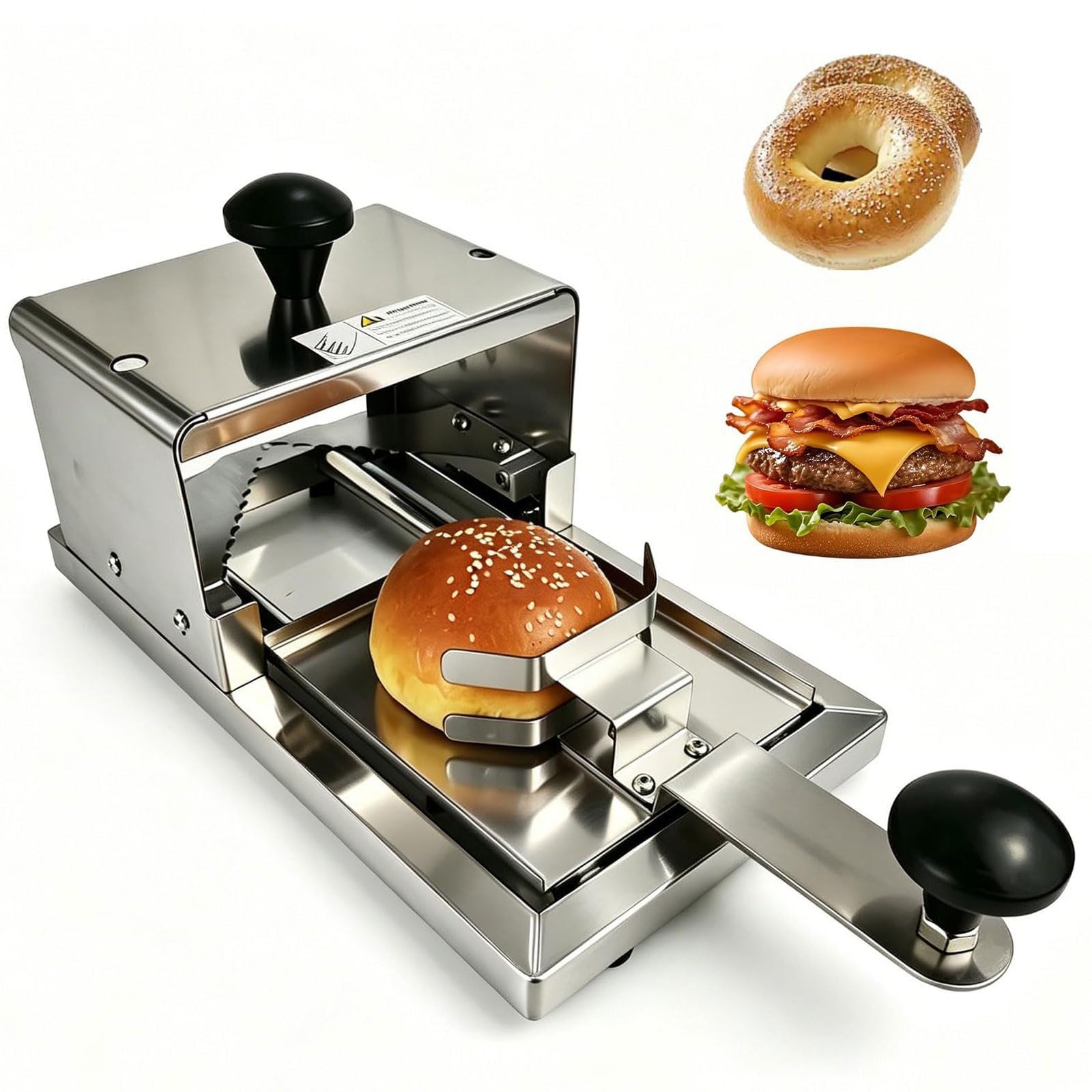 FHRKA Manual Burger Bagel Slicer,Commercial Hamburger Bun Slicing Machine,Stainless Steel Push-pull for Cutting Even Bagels & Bun Slices