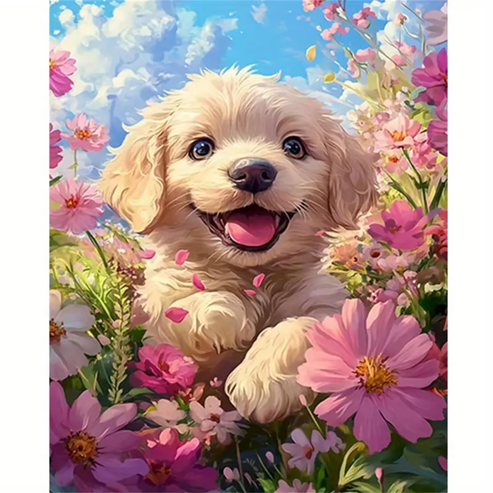 Yoonqun Pintar por Numeros para Adultos,con marco Paint by Numbers Kit DIY Cuadros Pintura al óleo de Lienzo con pigmento acrílico y pinceles para Hogar Pared Decoración Perro flor rosa,50x65 cm