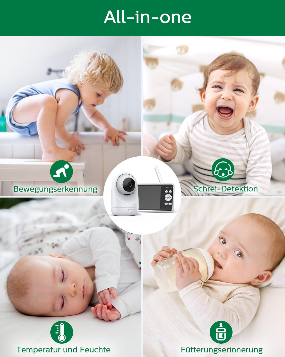 Babyphone mit 2 Kameras, 5 Zoll 720P HD Video Babyphone ohne WLAN | 4000mAh Akku, PTZ 355°, Nachtsicht, Zwei-Wege-Audio, VOX-Modus, Temperaturanzeige, Schlaflieder