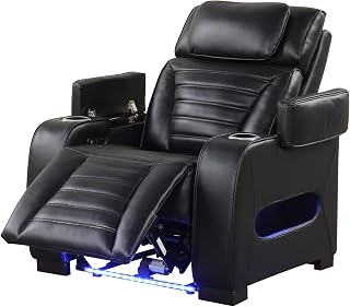 THSUPER Black Leather Power Theater Recliner Chair with Arm Storage and LED Lights, Electric Reclining Chair with Power Headrest and Cup Holders for Living Room Furniture. Black Chair