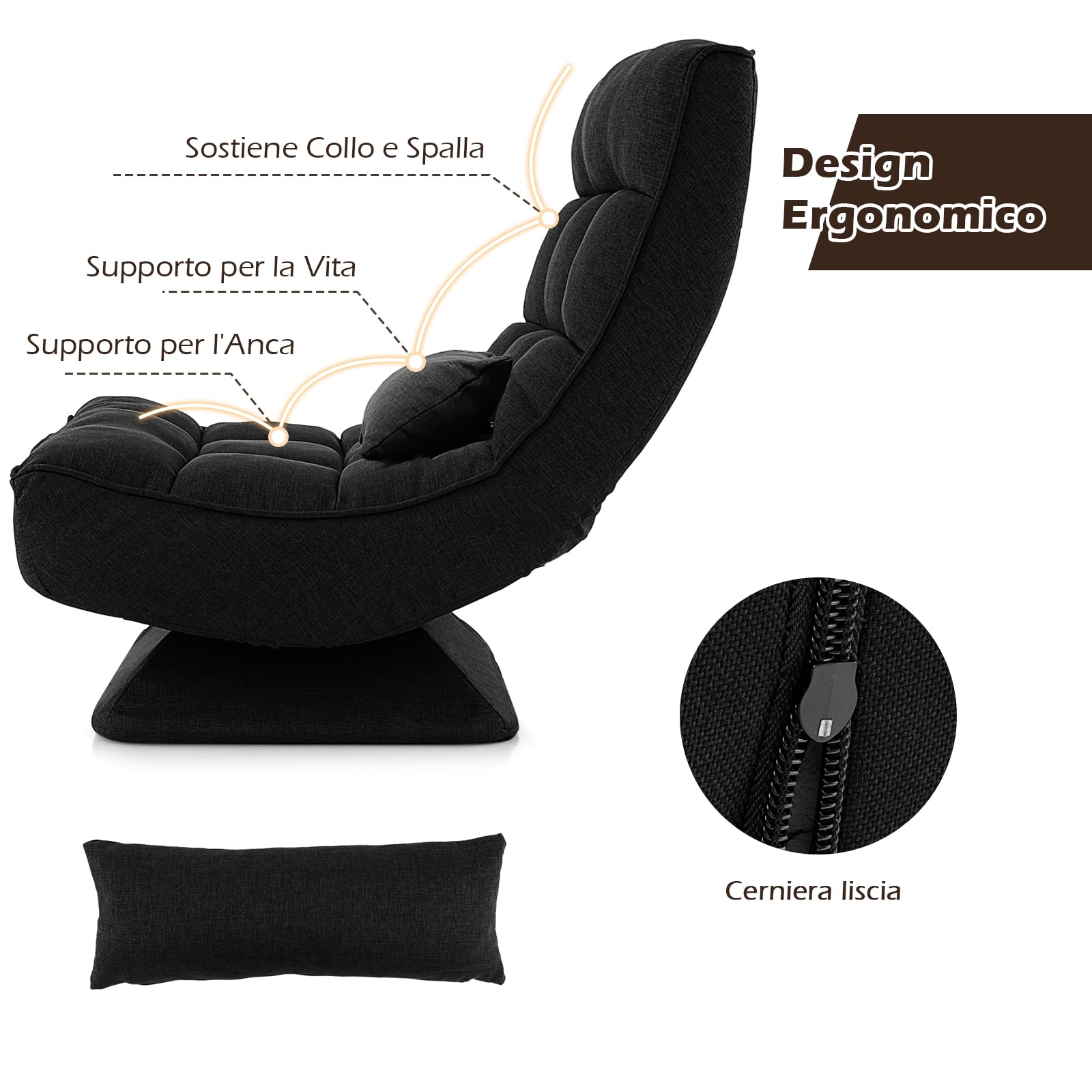 COSTWAY Poltrona da Terra Girevole 360°, Poltrona Relax con Schienale Regolabile a 4 Posizioni, Sedia Pieghevole con Base, per Soggiorno Camera da Letto (Nero)