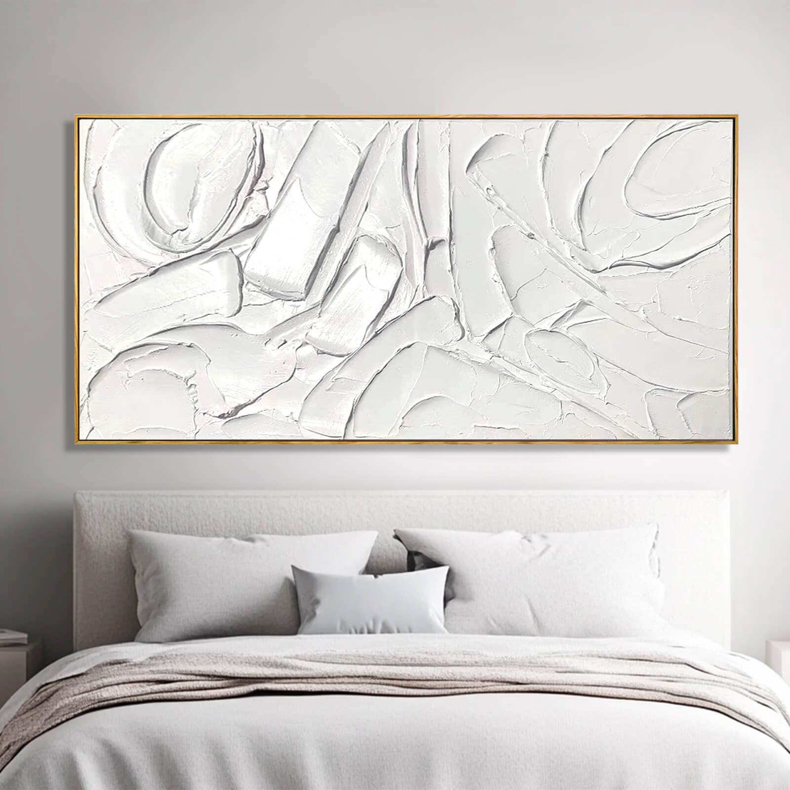 Pintura al óleo abstracta enmarcada, arte de lienzo maximalista, decoración de 24 x 48 pulgadas, pintura moderna, arte de pared, decoración de cocina, decoración de oficina blanca 3