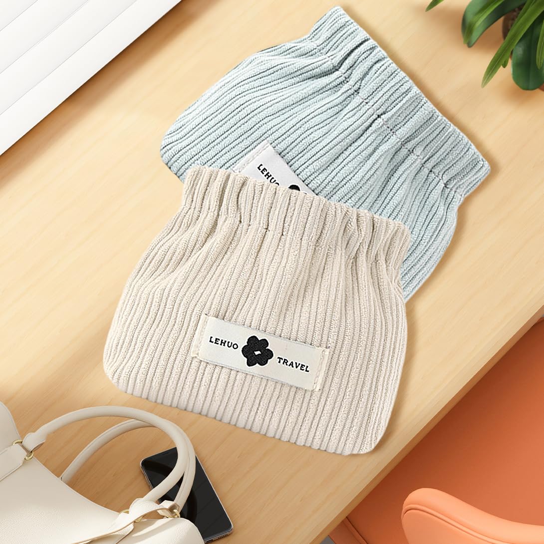 Koonafy 2pcs Corduroy Elastic Hair Tie Organizer Portable Travel Small Makeup Pouch Corduroy Lipstick Storage Bag for Hair Jewelry Lipstick Coin Purse for Women(Blue+White) - Image 4