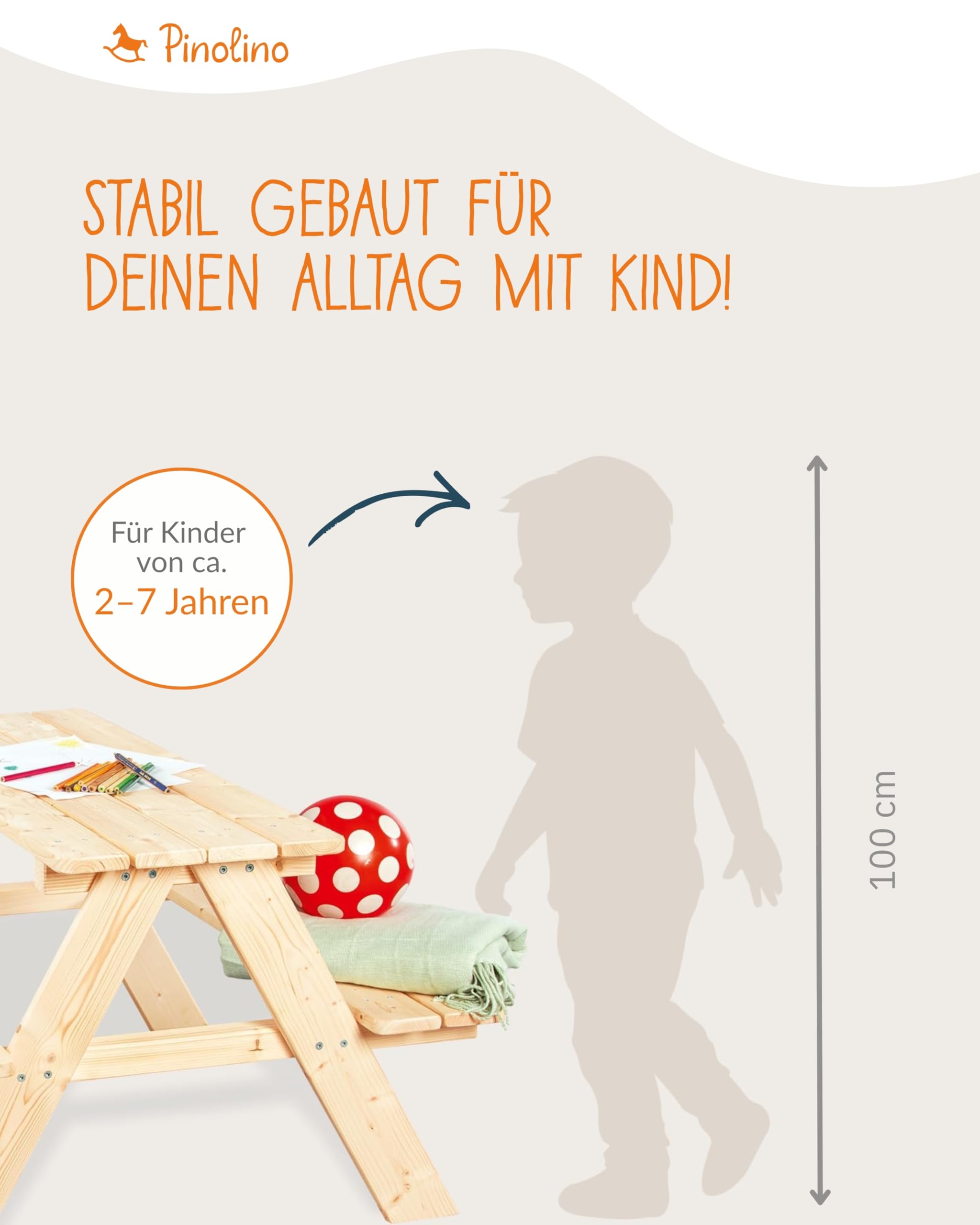 PINOLINO Kindersitzgruppe Massivholz 90x79x50 cm Kinder Picknicktisch Garten Outdoor Spieltisch abgerundete Kanten
