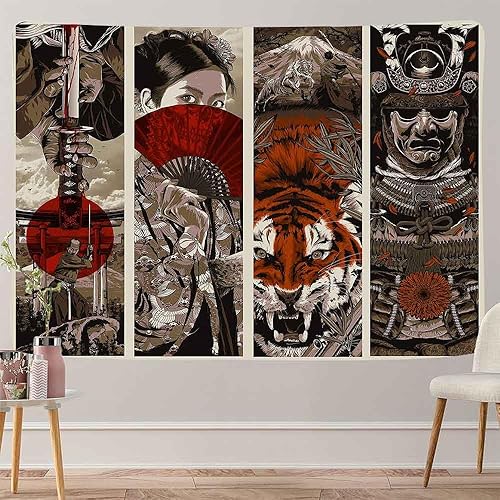 Aidatain Tapiz de pared de estilo japonés - Samurai Maiko Tiger Mount Fuji Aesthetic - 60x40 franela dormitorio y sala de estar colgante de pared