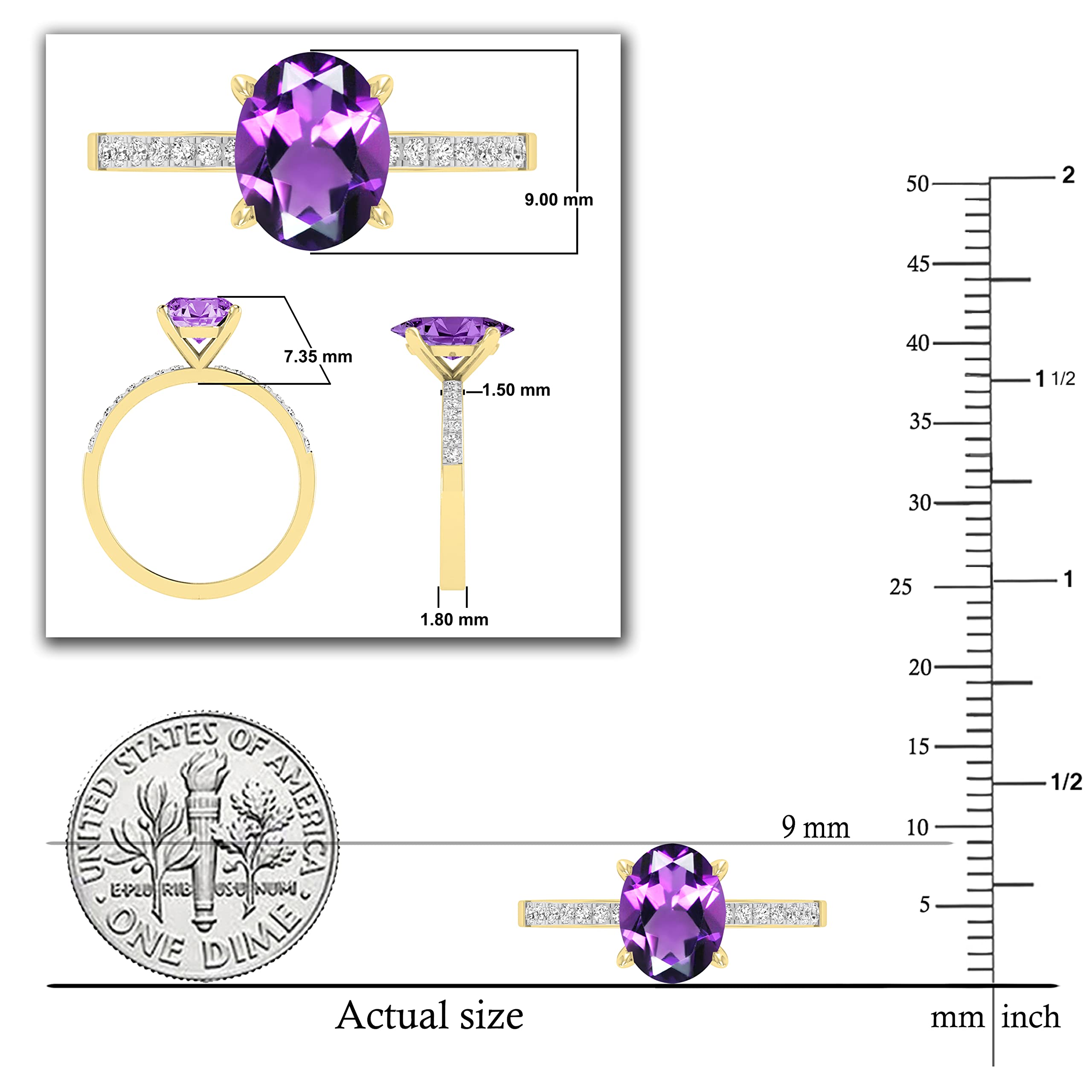 Dazzlingrock Collection Anillo de compromiso de oro amarillo de 18 quilates con piedras preciosas ovaladas y diamantes blancos redondos de 9 x 7 mm para mujer, Oro amarillo Amatista Diamante blanco