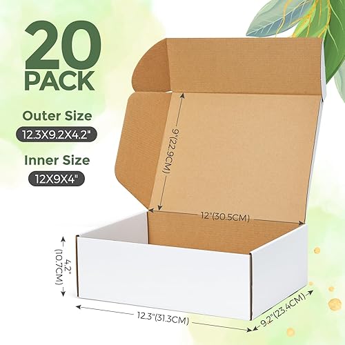 Miniatura 3 de MESHA Cajas de envío de 12 x 9 x 4 pulgadas, paquete de 20 cajas de cartón blanco corrugado para correo de pequeñas empresas, embalaje, regalo del