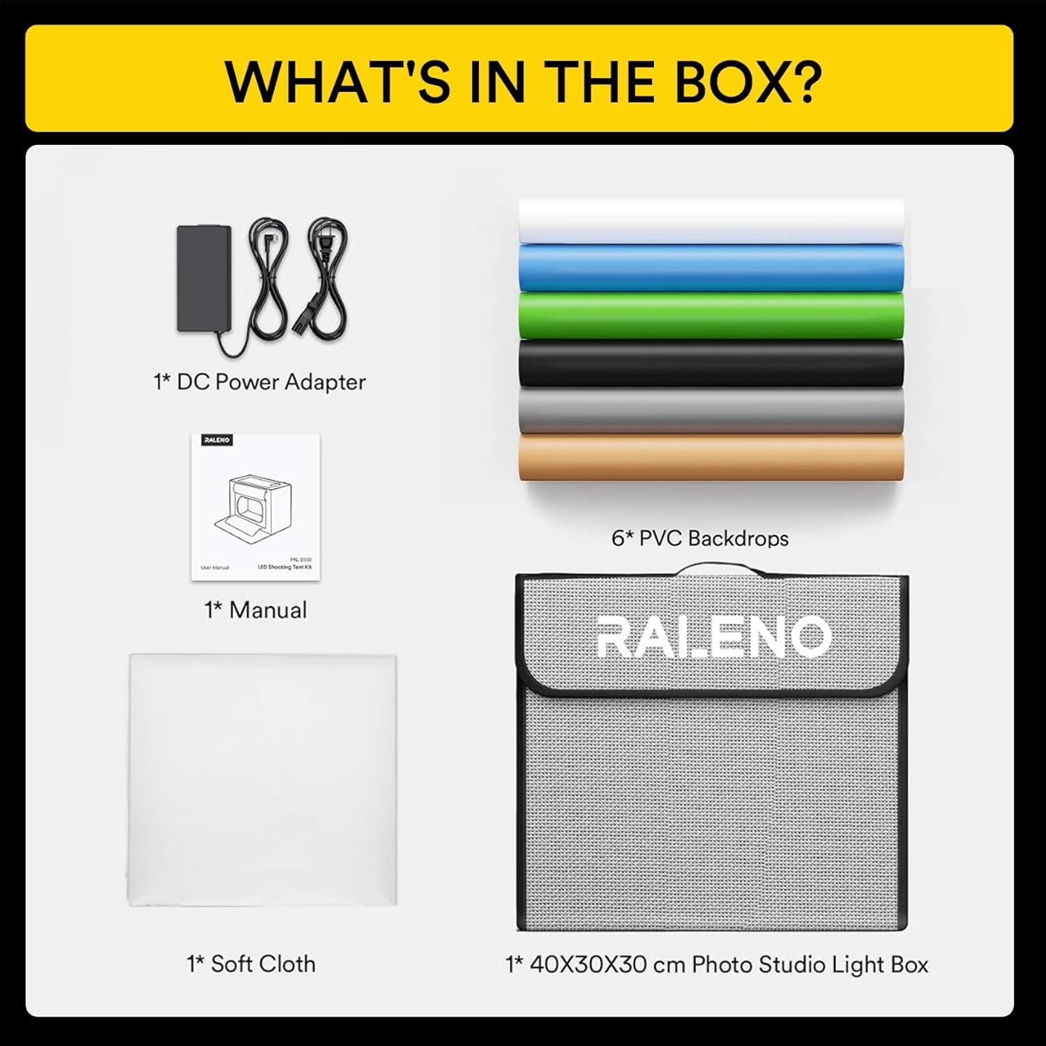RaLeno Fotobox, 40X30X30cm Lichtzelte Fotostudio Set Lichtbox (CRI > 95 | 64 LEDs | 24 W einstellbare Helligkeit | 6 Hintergründe) für Produktfotografie