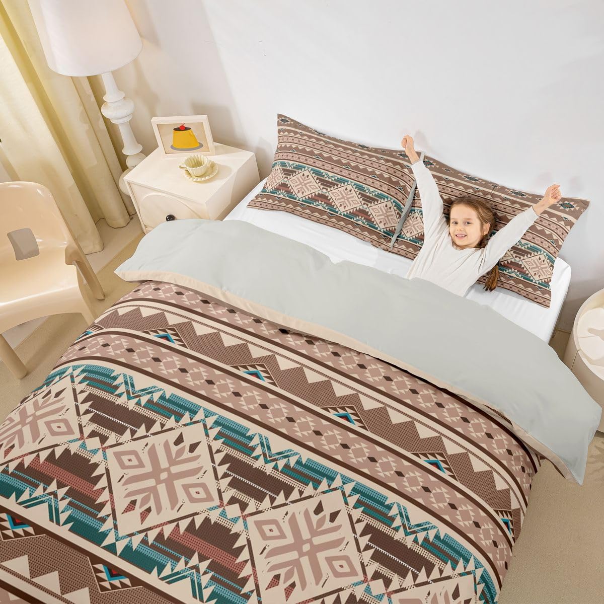 Western Bedding Sets Queen,Aztec Comforter Cover,Exotic Nordic Style Bohemian Duvet Cover Indian Tribe Geometric Ethnic Tribal Arrow Bed Set,Retro Geometric Triangle Diamond Boho Decor,Beige Brown