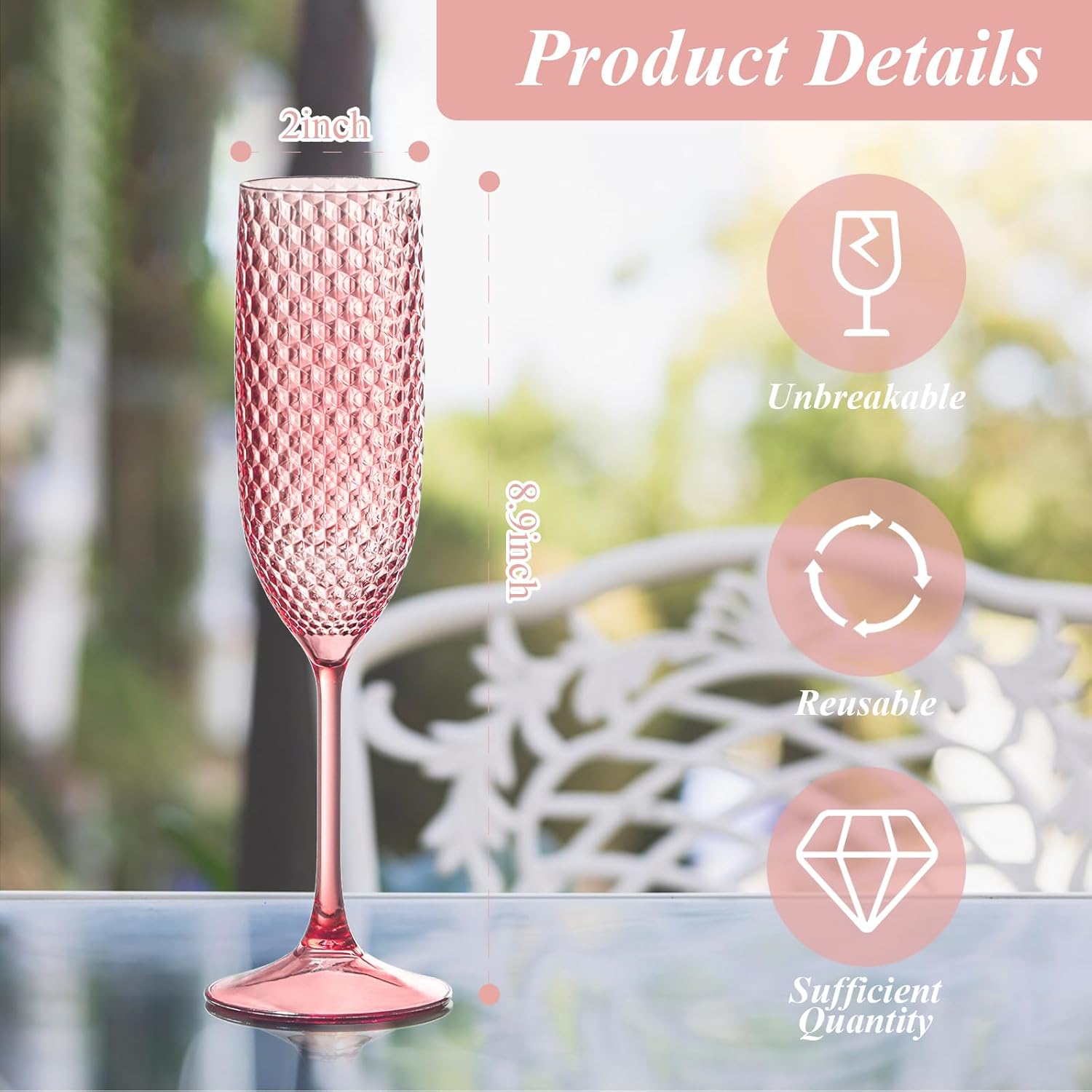 Plastic Champagne Flutes Champagne Glasses Unbreakable Wedding Toasting Glasses Reusable Diamond Wine Glasses Crystal Clear Party Wine Cups Vintage Drinking Glasses 5.5 OZ for Wedding (24, Pink) - Image 2