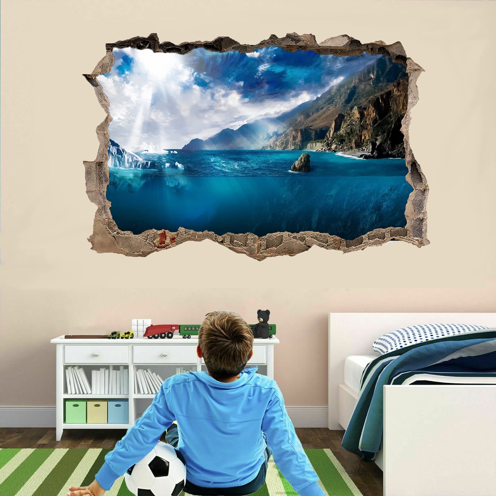 Landschaft Wandtattoos 3D Durchbruch Wandsticker Mauerloch Selbstklebend Wandaufkleber See für Kinderzimmer Schlafzimmer Wohnzimmer 80 cm x 120 cm