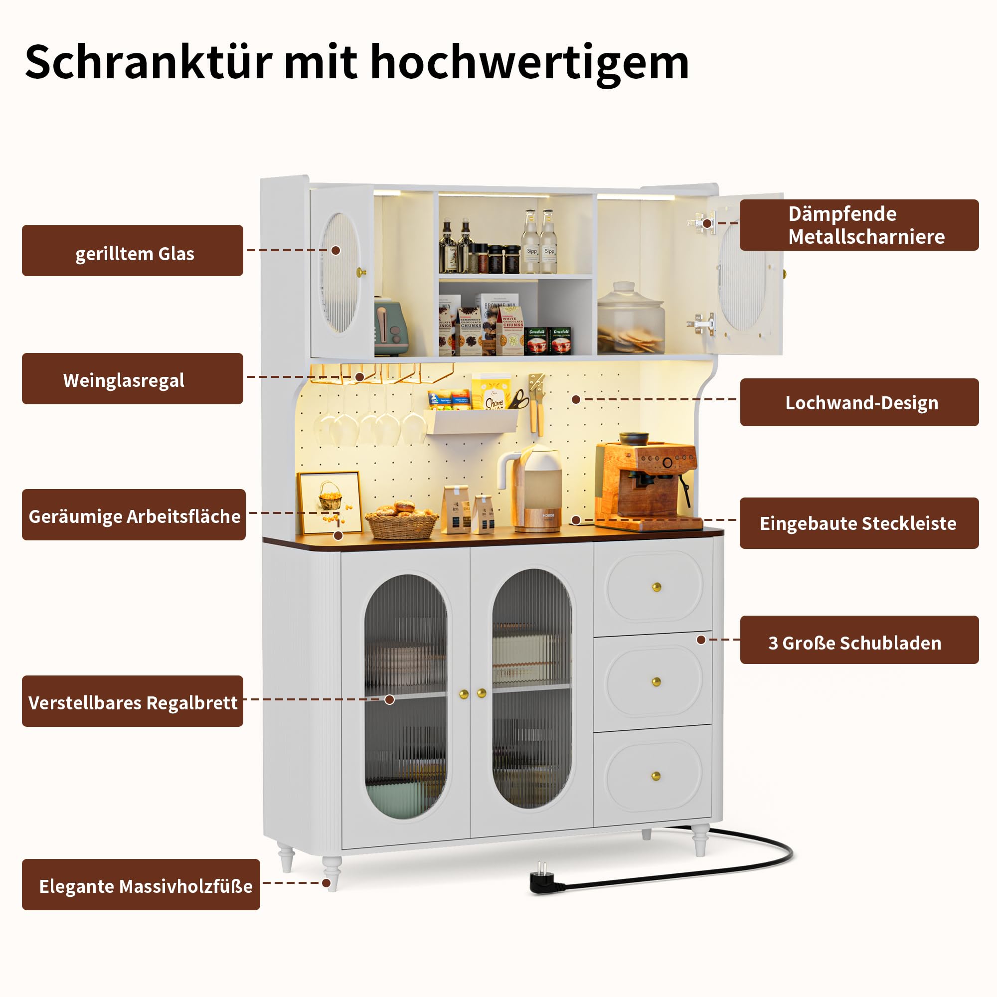 BonVache Küchenschrank, Kommode Küche mit Steckdosen und Led-Lichtleisten, Hochschrank Küchenbuffet, Sideboard, 2 Offene Fächer 3 Schubladen, Esszimmerschrank für Wohnzimmer Küche,120x41x180cm,Weiß