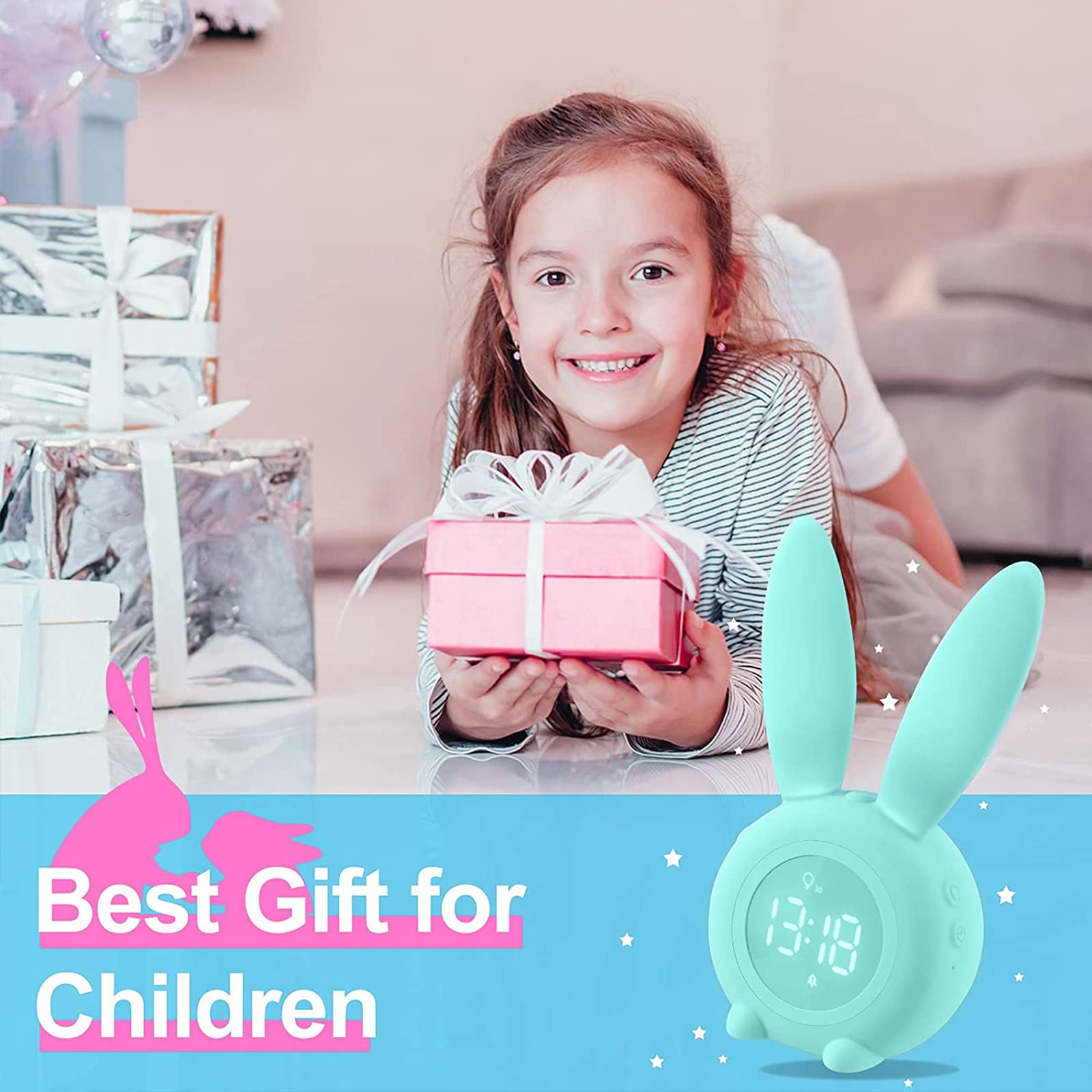 wecker kinder, Cute Rabbit Kinderwecker Nachttischlampe-Snooze-Funktion, wecker mit licht Digital, zeitgesteuertes Nachtlicht wecker, Kindertagesgeschenk für Kinder, Jungen, Mädchen - Grün