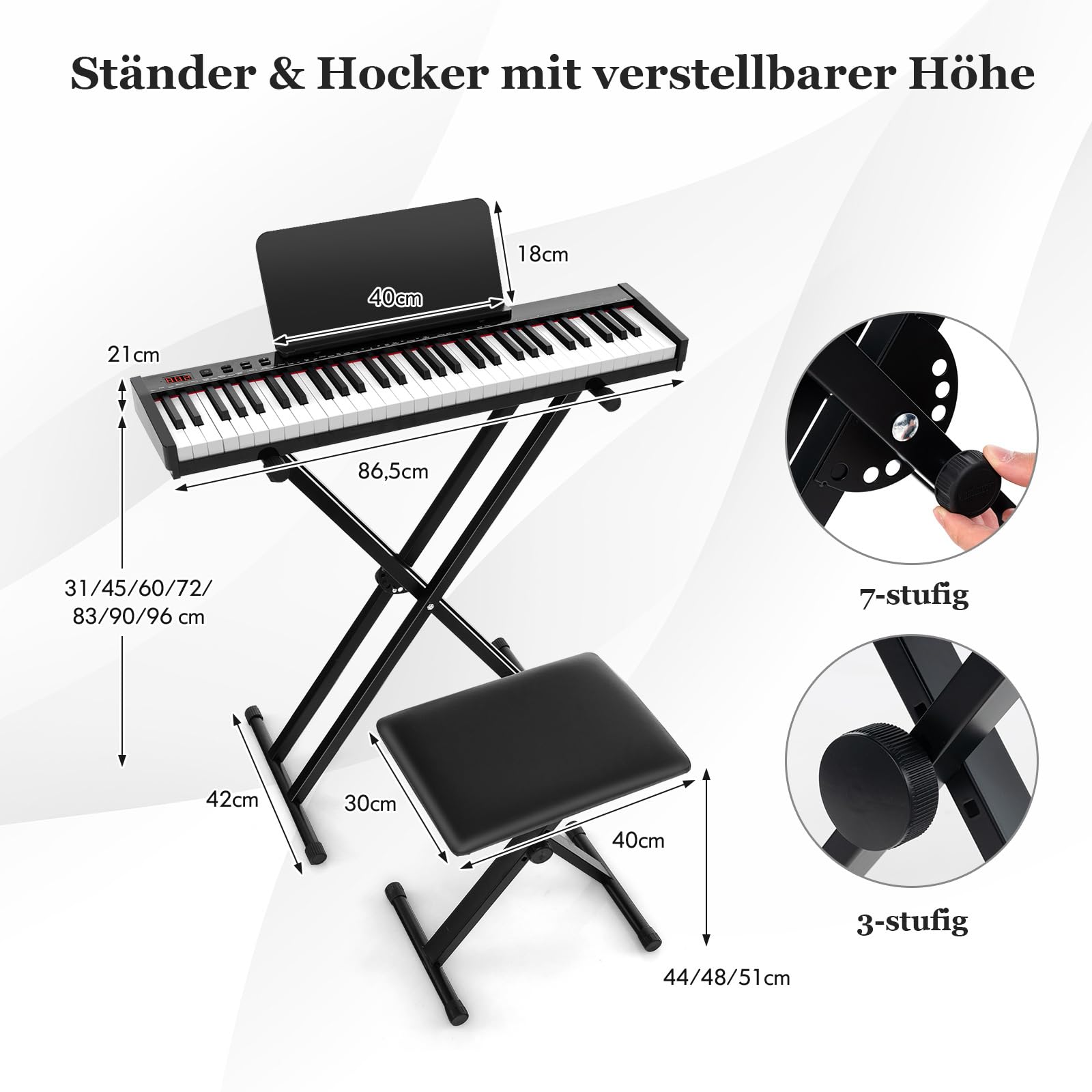 DREAMADE 61 Tasten Keyboard Klavier, Piano Keyboard mit Ständer & Hocker, 61-digitales Klavier-Set mit halbgewichteten Tasten, drahtlose MIDI-Audio-Funktion, Notenständer, Sustain-Pedal, Schwarz