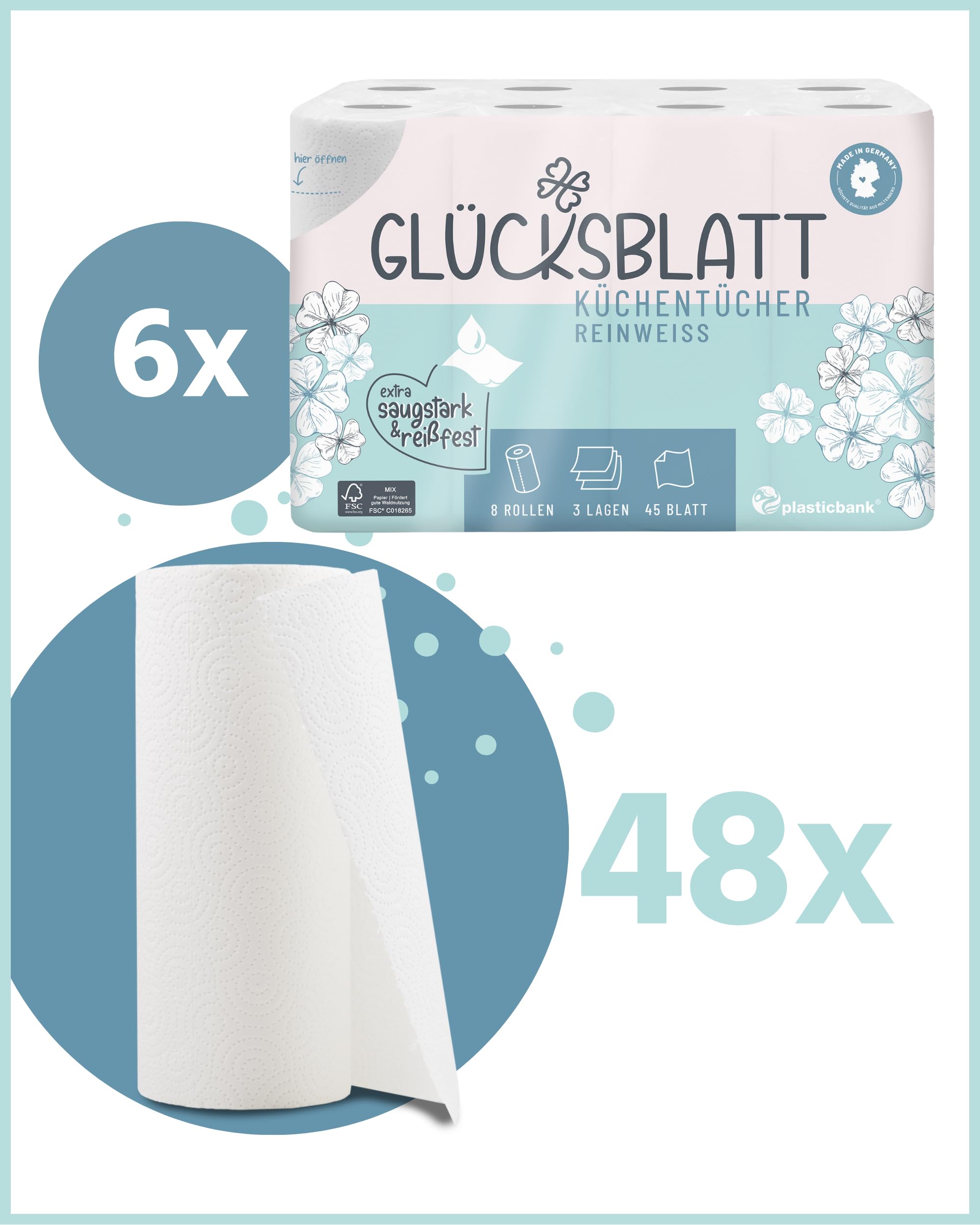 Glücksblatt Küchentücher, 48 Rollen á 45 Blatt, 3-lagige Küchenrollen, 100% Zellstoff, nachhaltig, saugstarke Haushaltsrollen, Allzwecktücher, Papiertücher, Papierhandtücher, Küchenpapier