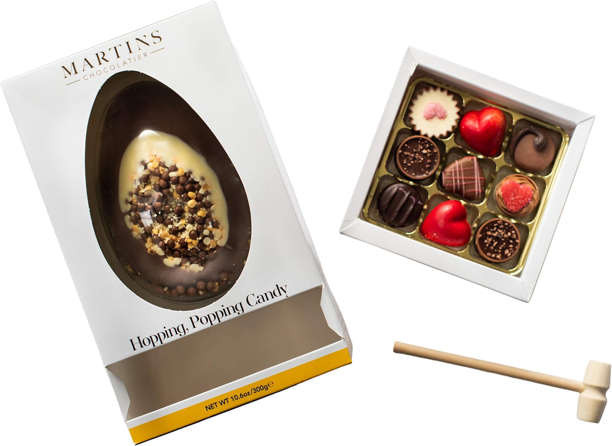 Martins Chocolatier Large Thick Chocolate Easter Egg with Popping Candy | Gift Set with 9 Truffles & Pralines and Wooden Mallet