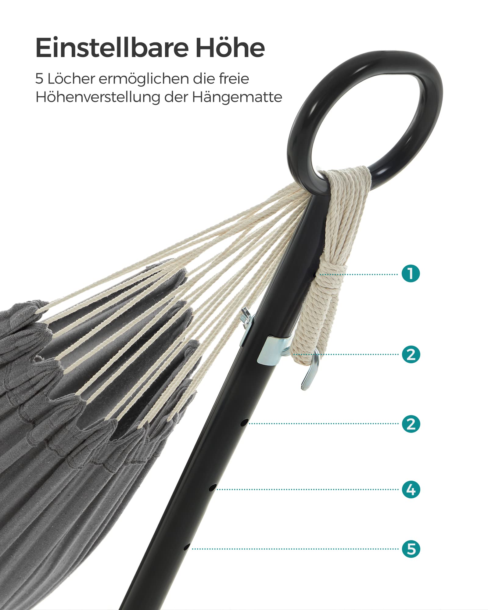 SONGMICS Hängematte, 210 x 150 cm, auf 5 Verschiedene Höhen verstellbar, Gestell aus Metall, bis 240 kg belastbar, für Garten, schwarzes Gestell und graue Hängematte GHS001G01