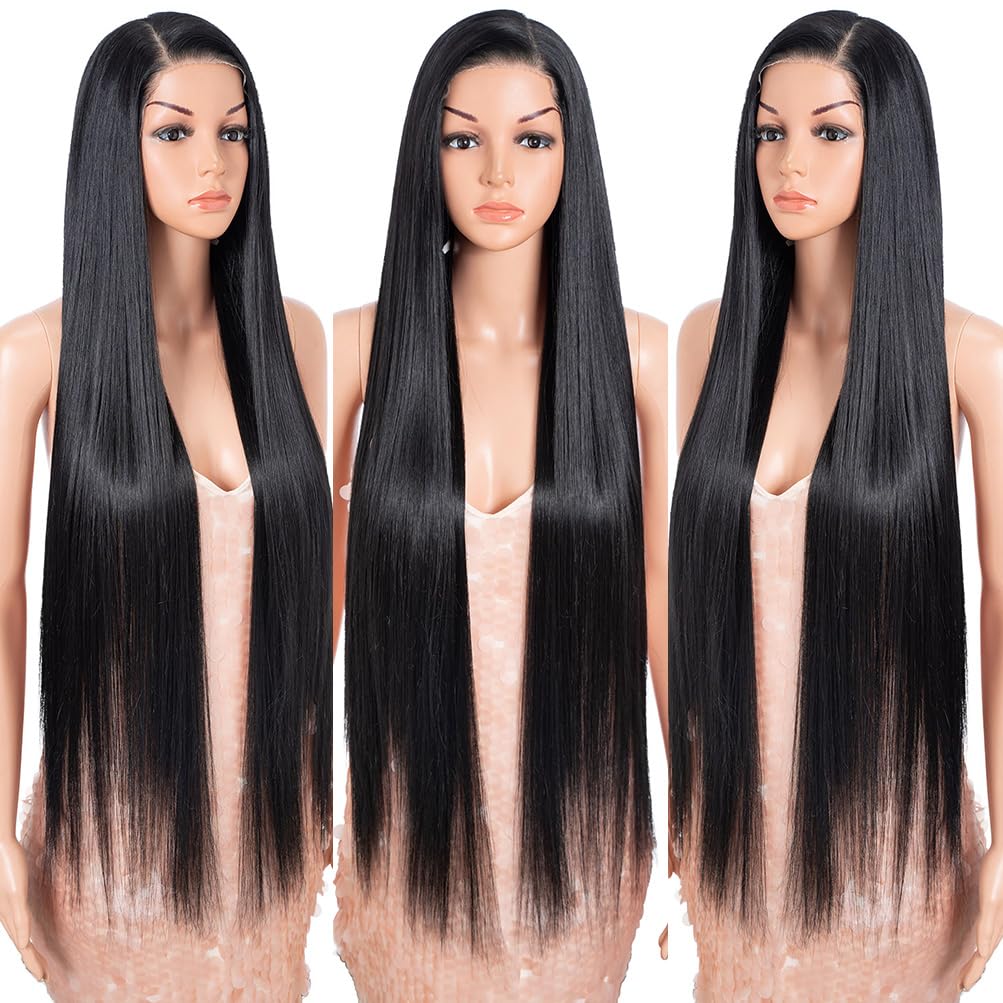 Style Icon 38“ Super Long Straight Wig 9x6 Free Part Lace Front Wig Black Color Pre Plucked Glueless Synthetic Hair with Adjustable Band & Free Clips
