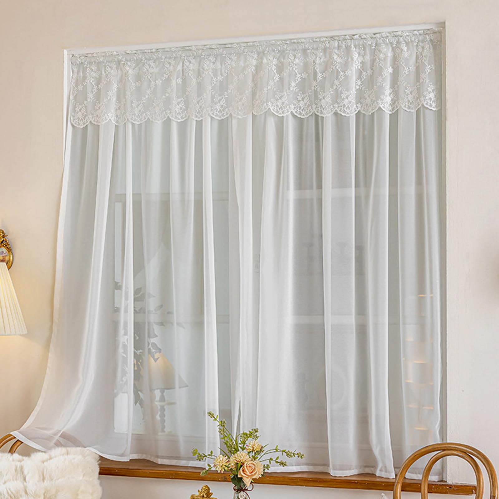 ZZYK Sheer Valances for Windows White Privacy Curtains Tiers for Kitchen Living Room Cafe Laundry Basement,Dustproof Washed Curtain Panels with Lace Topper,Paste,27" W x 47" L