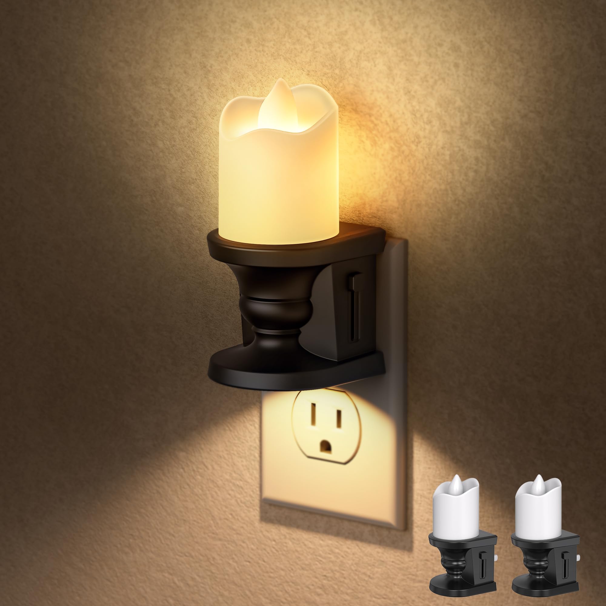 Flameless Candle Night Light 3000K Warm White Candle Night Lights Plug into Wall 2 Pack Nightlight with Light