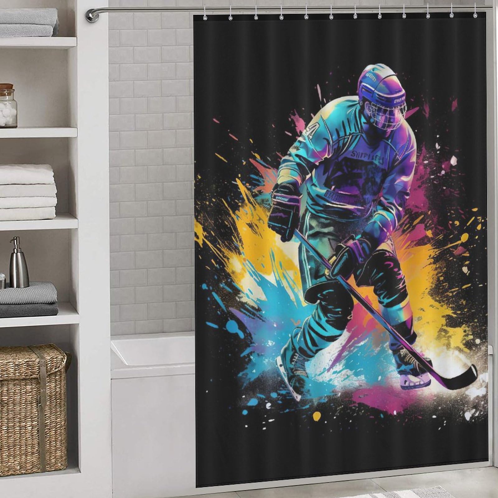 Rideau de douche anti moisissure lavable en machine imprimé hockey