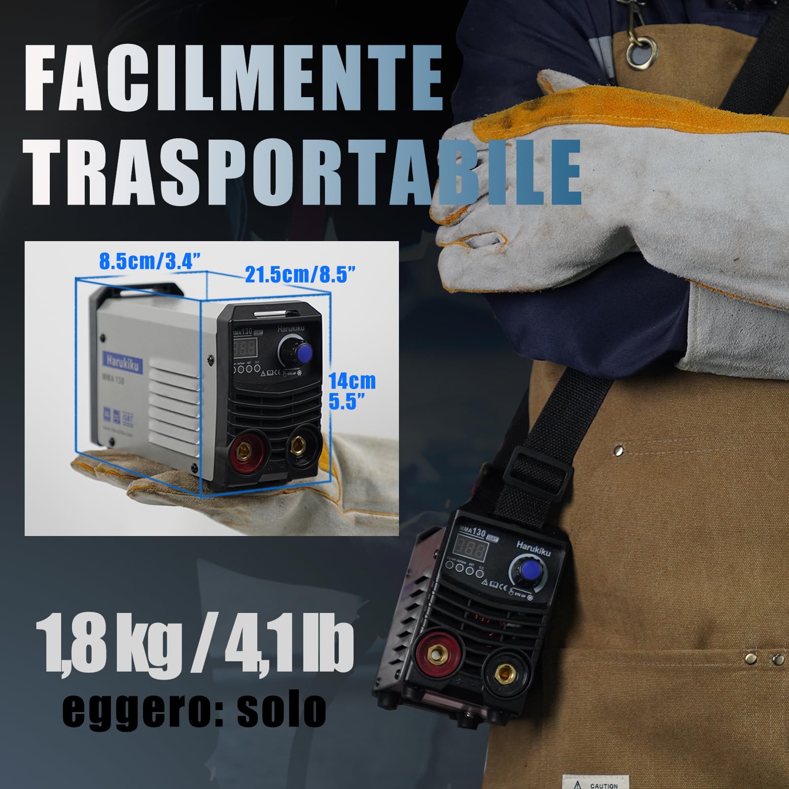 Saldatrice a Elettrodo MMA130 Digitale – Mini Saldatrice Inverter, Compatta e Leggera con Funzione Anti-Stick, Cavi 3+2 m, 21,5 x 14 x 8,5 cm, per Hobbisti e Fai da Te