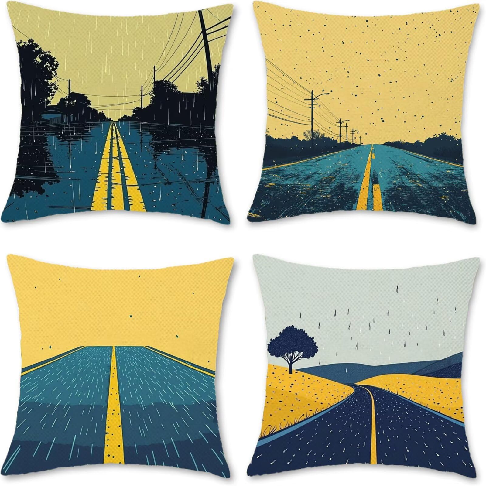Cuscini Per Divano, Imbottitura Cuscini 75x75cm, Federa Per Esterno da Esterno Set da 4 Pezzi, Tenda Da Pioggia Cuscino Decorativo, Lavabile, Lino, Tessuto Esterni, Outdoor Garden Decor Strada N-8