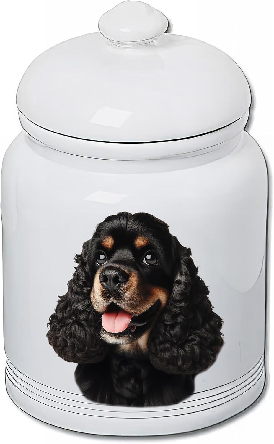 Best of Breed Cocker Spaniel Black/Tan Dog and Cat Ceramic Treat Jar 9" Tall Air Tight Seal All White