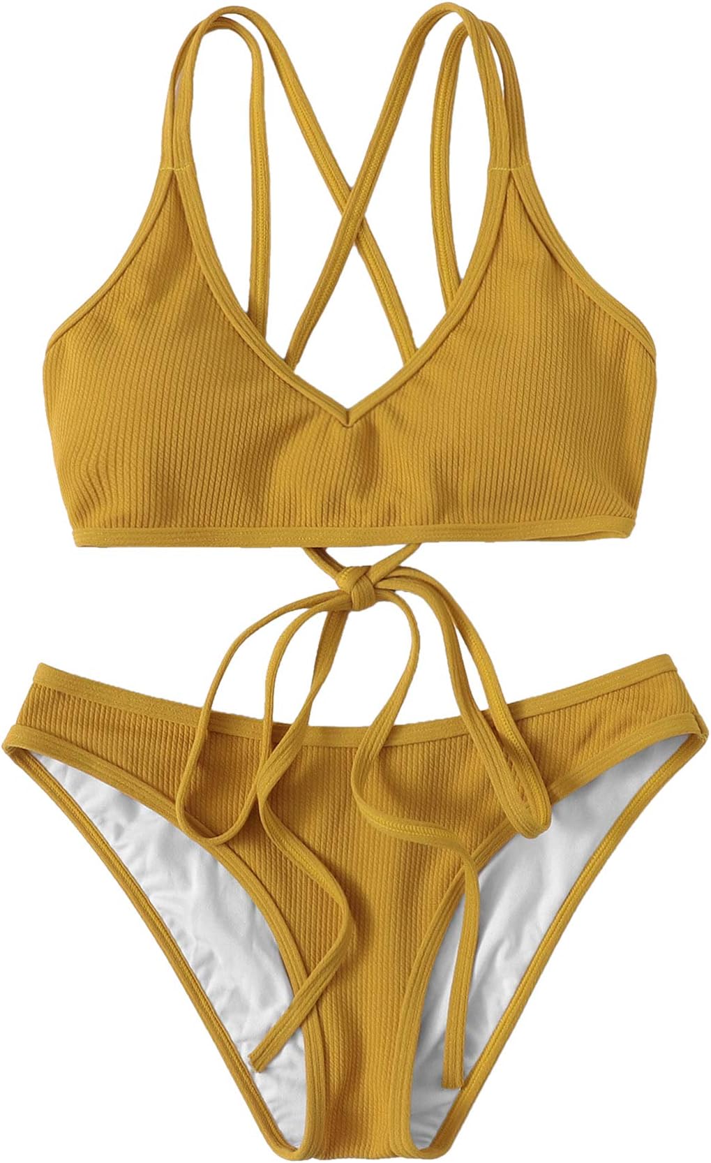 SweatyRocksWomen's Bathing Suits Spaghetti Strap Criss Cross Back Bikini Ribbed Swimsuit