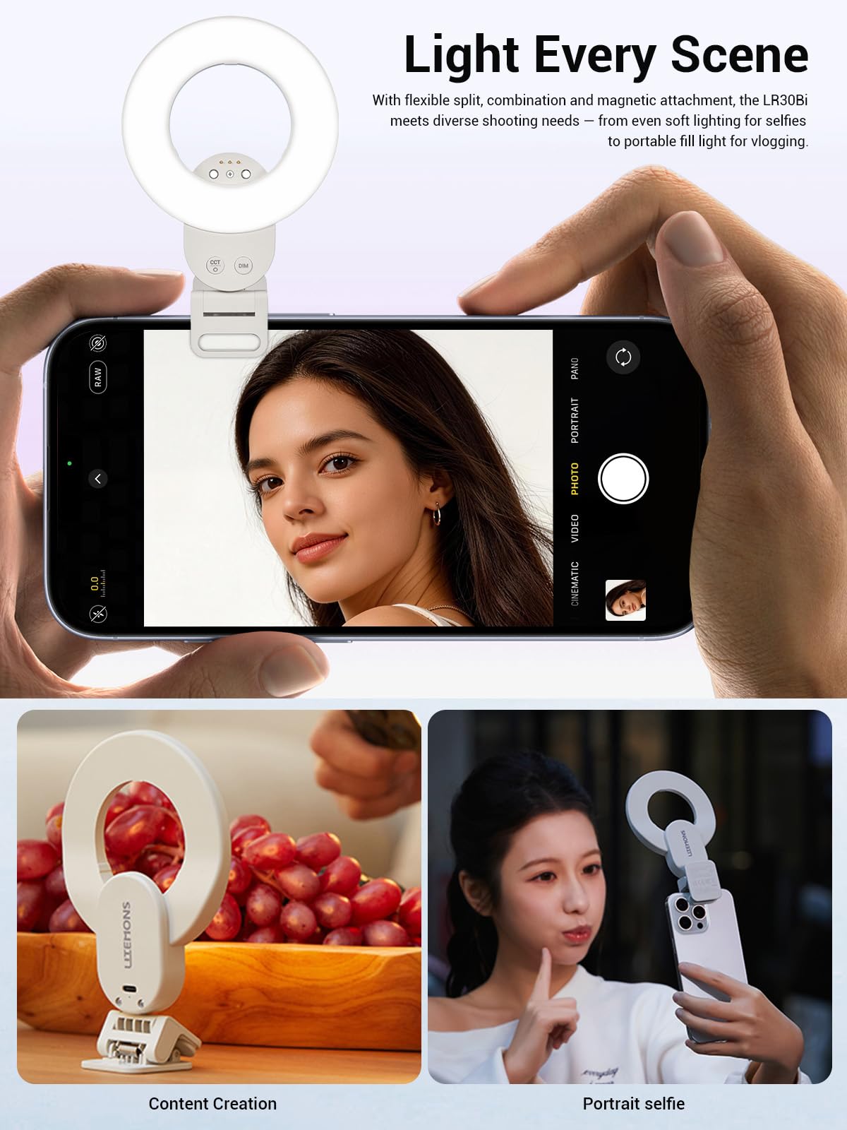 GODOX Litemons LR30Bi Luce Selfie LED Ring Light, 2800K-6500K Anello Luce con Clip e Specchio, 5 Luminosità Regolabile, Illuminazione in Uscita Continua per Telefono Laptop Vlog Trucco Streaming Live