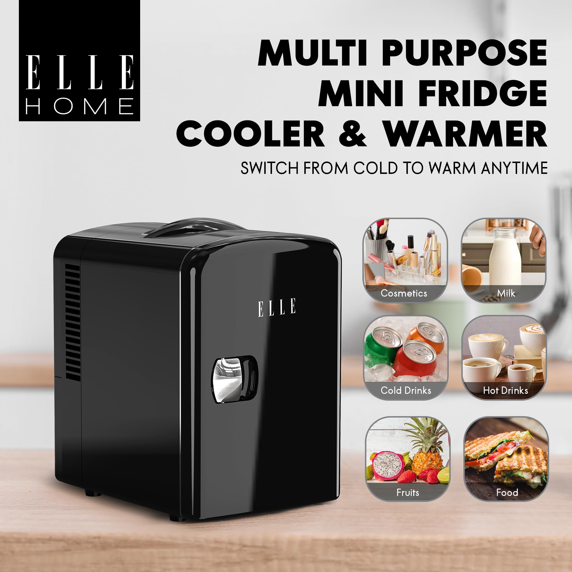 ELLE Mini Frigo 4L Multiuso – Frigorifero Portatile Caldo & Freddo per Skincare, Cura, Cosmetici, Bevande e Snack, Capacità 6 lattine, Mensola Rimovibile, Maniglia di Trasporto, Nero
