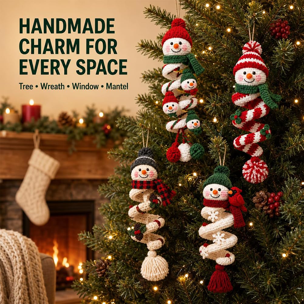 LLELEMAMO Häkelset Weihnachten, DIY-Set für einen Gehäkelten Schneemann als Spiralschmuck, Kreatives Häkelset mit Garn und Zubehör, Weihnachtsdeko und Baumschmuck für Erwachsene (4PCS-B)