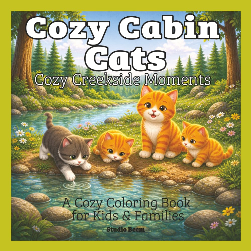Cozy Cabin Cats: Cozy Creekside Moments — A Coloring Book: Bold & Easy Designs for Relaxation and Stress Relief