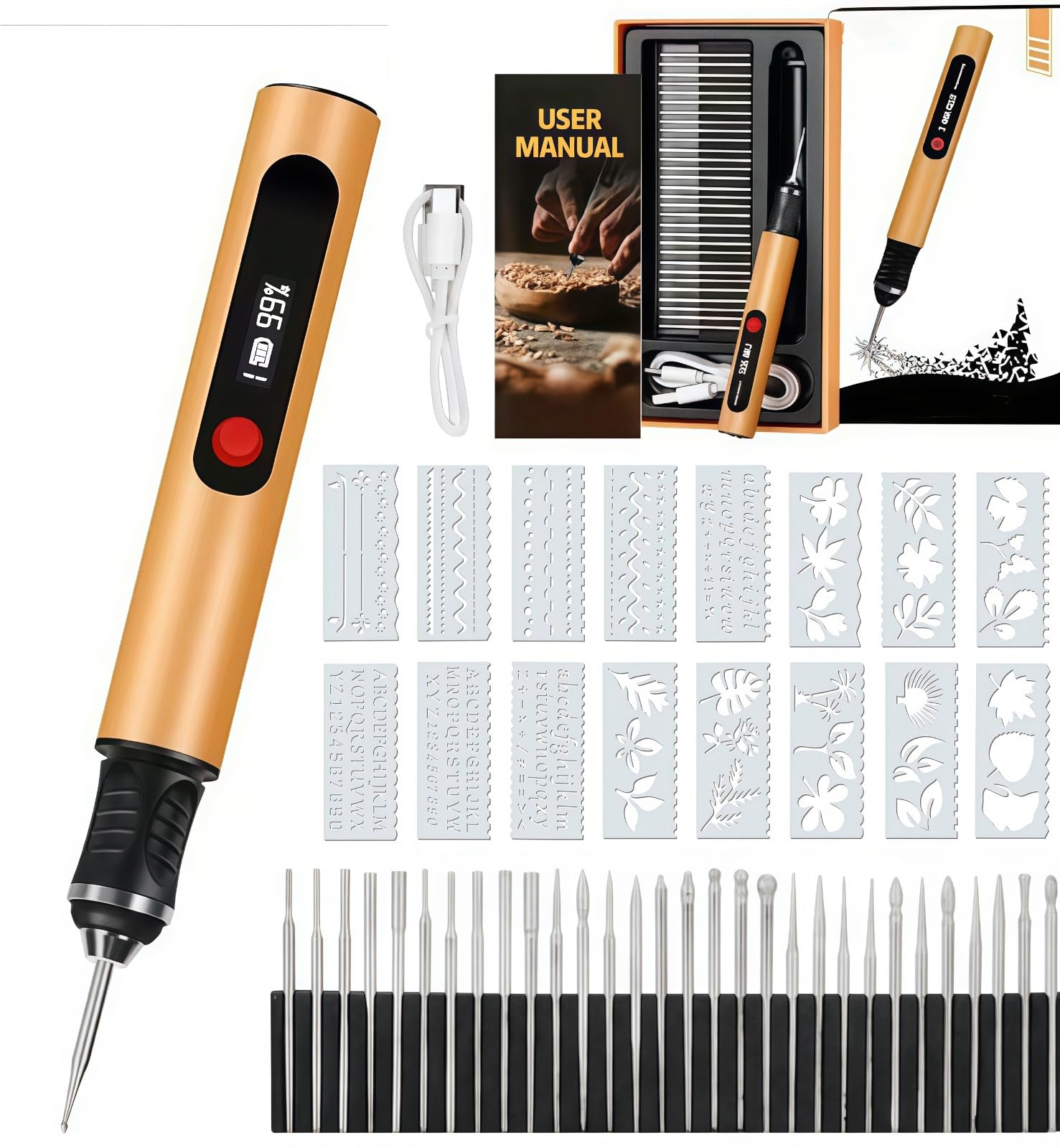 Stylo Graveur Électrique de Précision,3 Vitesses, USB-C, 30 Mèches Diamantées Incluseset 16 gabarits,pour DIY sur métal, bois, verre, plastique et pierre,Débutants & Cadeau Créatif