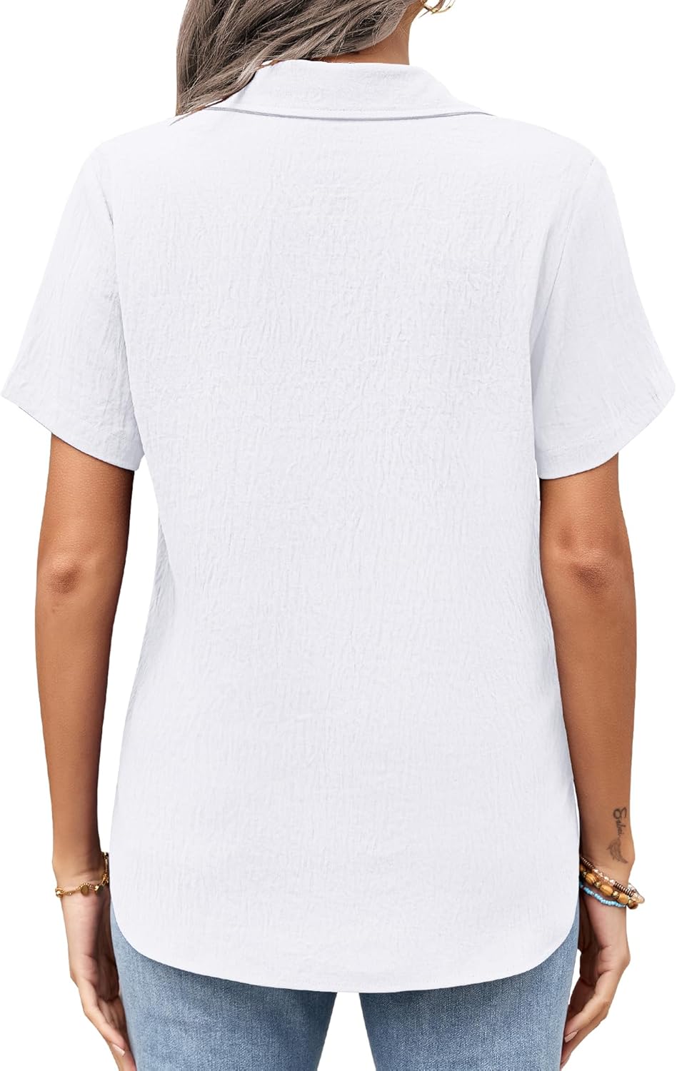 PYGFEMR Womens Button Down Shirts Short Sleeve Loose Collared V Neck Tunics Summer Tops Work Casual Business Blouses - Image 2