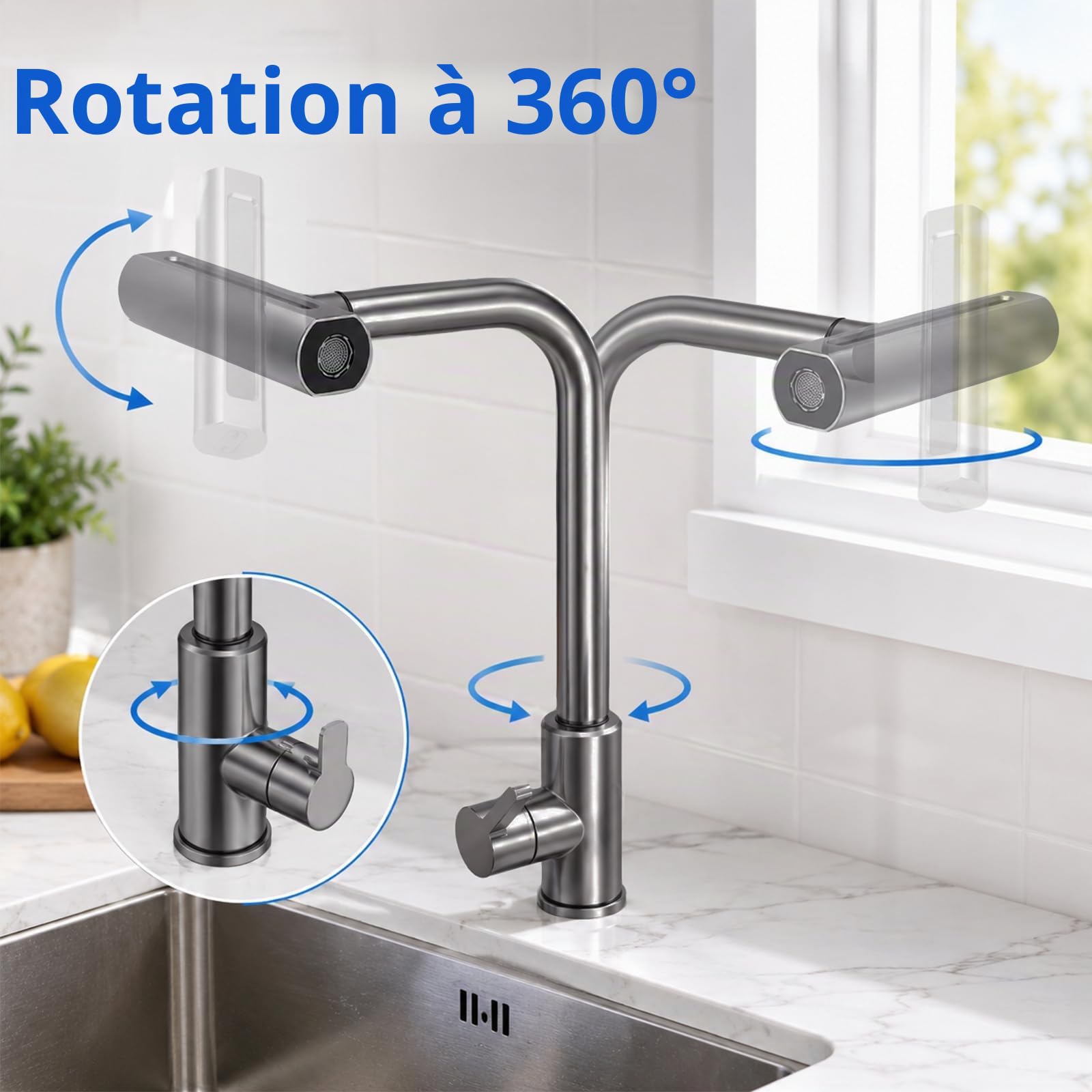 Robinet de Cuisine Rétractable – Mitigeur Évier 360° en Inox 304 Brossé, 4 Modes de Jet (Mousse/Lame/Pluie/Cascade), Douchette Extractible 60 cm