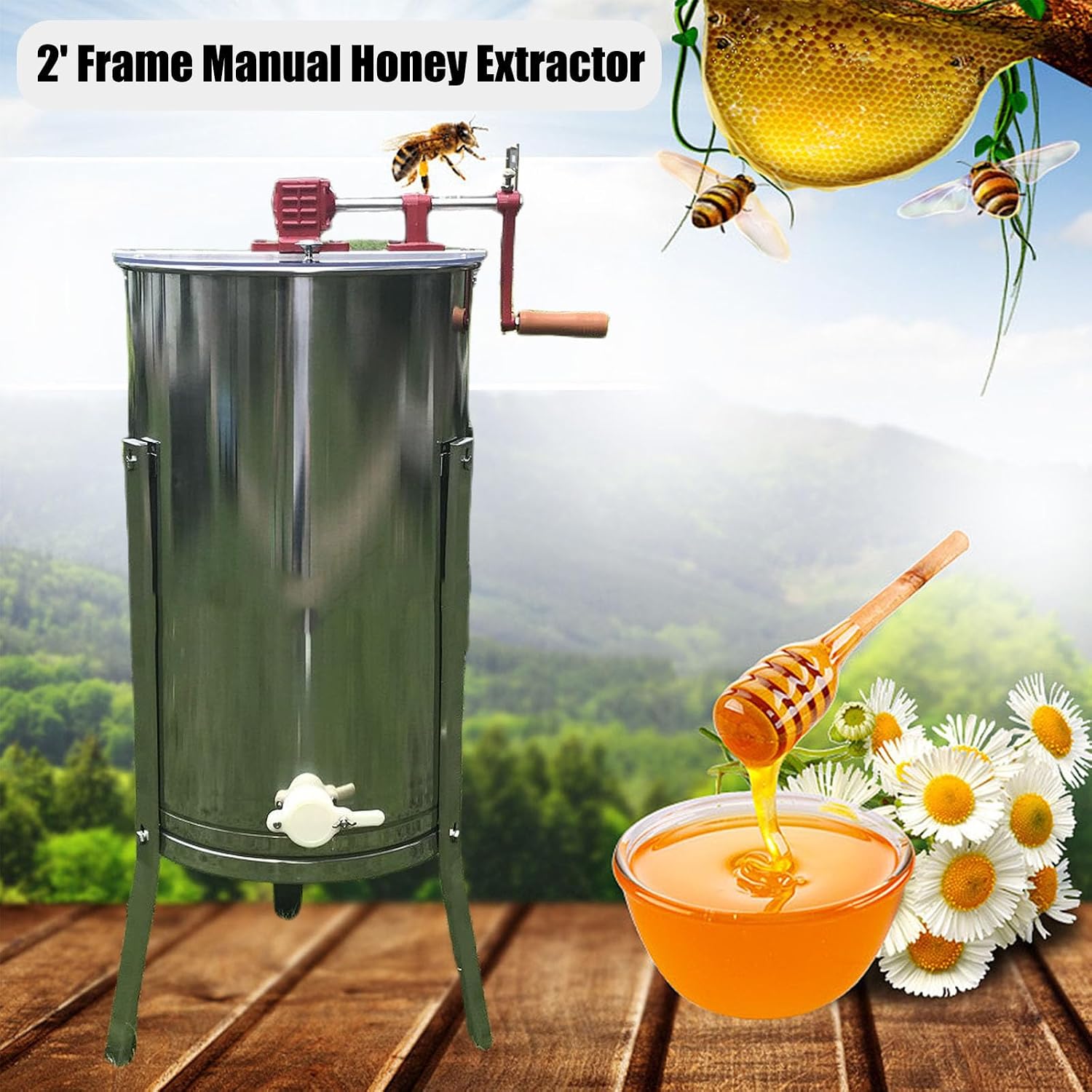 Honey Extractor 2 Frames, 304 Stainless Steel Honey Centrifuge Extractor, Honey Extractor with Transparent Lid and Stainless Steel Bracket, for Apiaries and Family Use,2 Frame