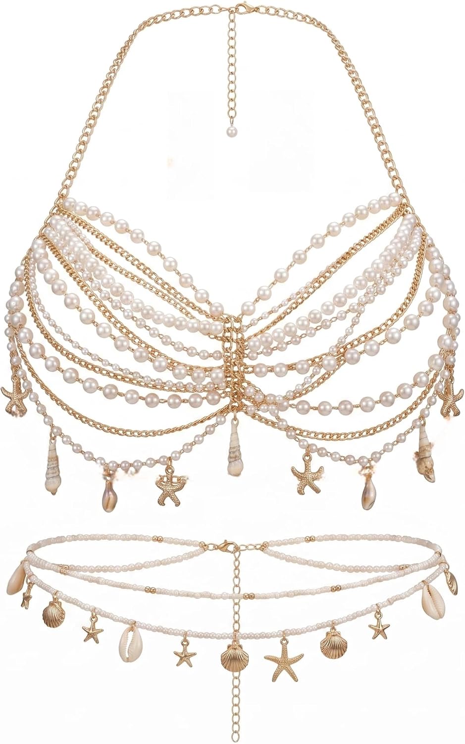 Sexy Pearl Bra Waist Chain Set, 2 PCS Summer Beach Shell Starfish White Beads Lingerie Chain, Wedding Festival Bralette Underwear Accessories, Vacation Holiday Rave Chest Chains for Women