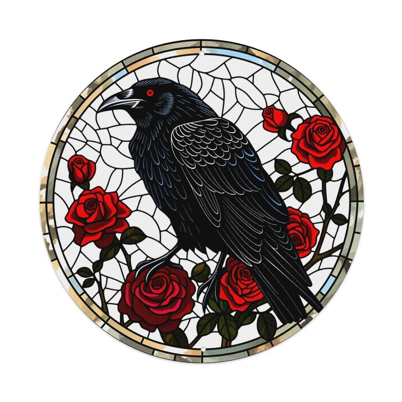 Stained Glass Raven Roses Pattern Round Tin Sign Vintage Metal Poster Retro Bar, Home, Man Cave, Kitchen, Laundry Room Wall Art Decor Gift 8x8In