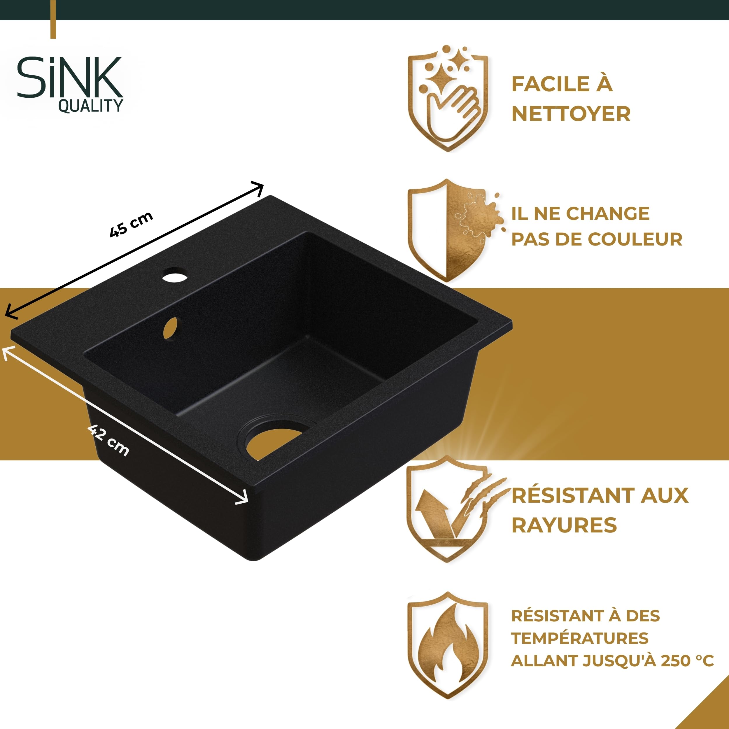 SINK Quality Évier noir avec robinetterie 45 × 42 cm – Evier avec robinet, siphon et imprégnation – Kit complet encastrable en granit – lavabo de cuisine pour meuble bas à partir de 45 cm