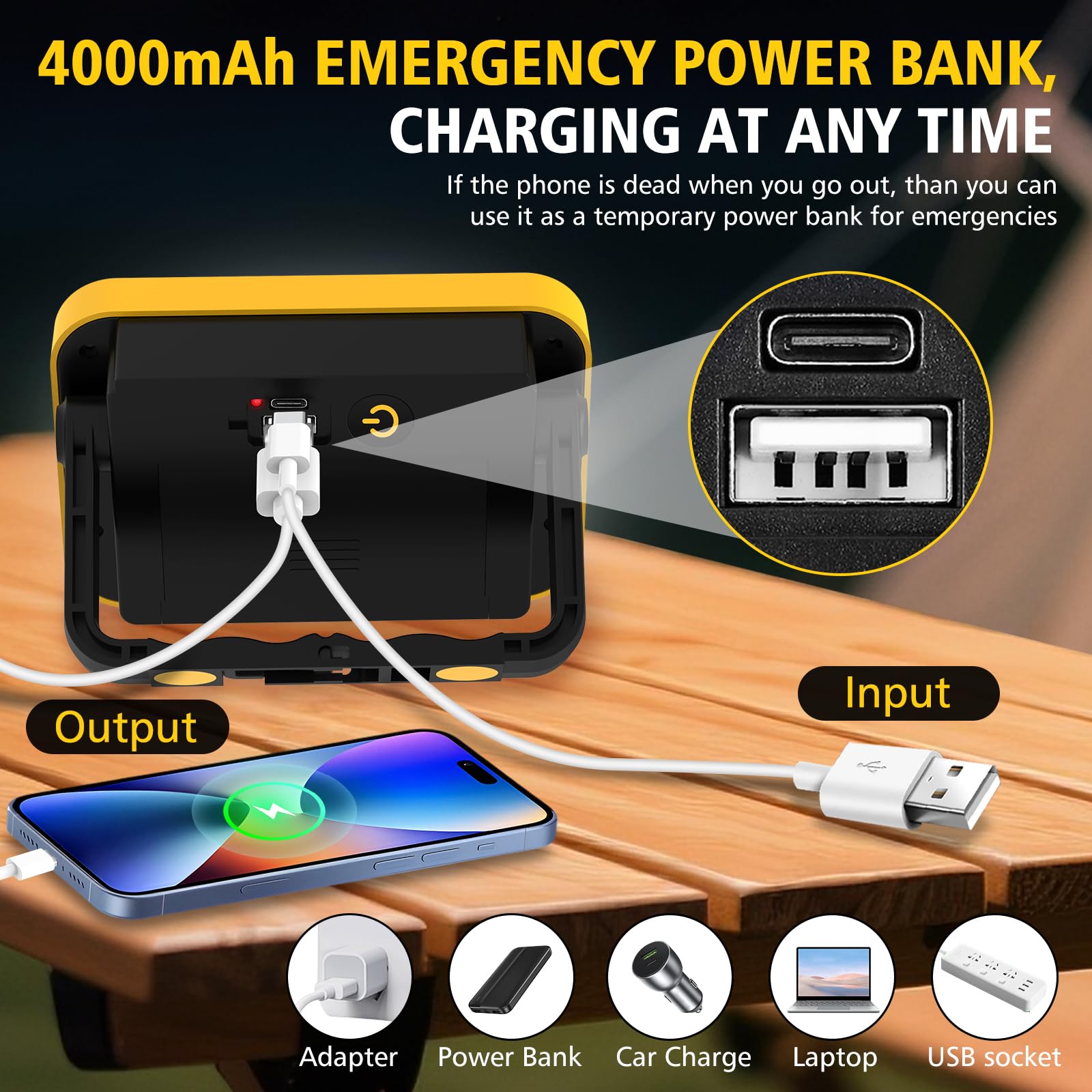 NATPOW Lot de 4 lampes de travail LED rechargeables, projecteur portable, 5 modes, lampe d'atelier avec 4000 mAh, lampe de camping pour chantier, garage, atelier