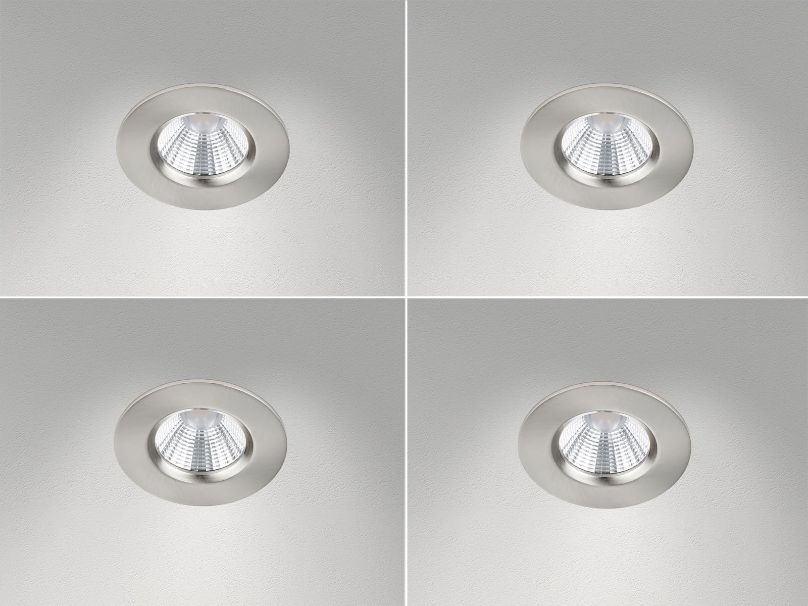 Okrągłe reflektory LED do zabudowy, zestaw 4 sztuk, bezstopniowo ściemniane (za pomocą instalacji domowej), nikiel matowy 5,5 W, elastyczne nowoczesne oświetlenie sufitowe, lampy trio