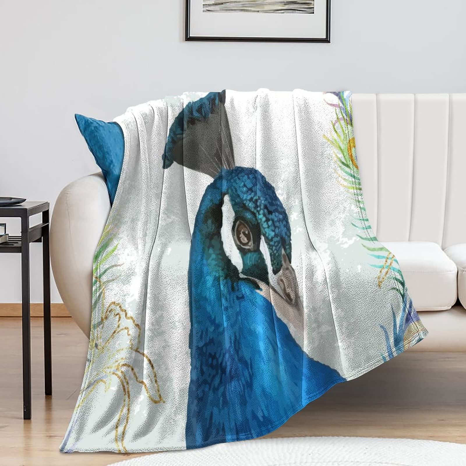 Couverture en flanelle motif paon et feuilles vertes d'automne 101x127 cm