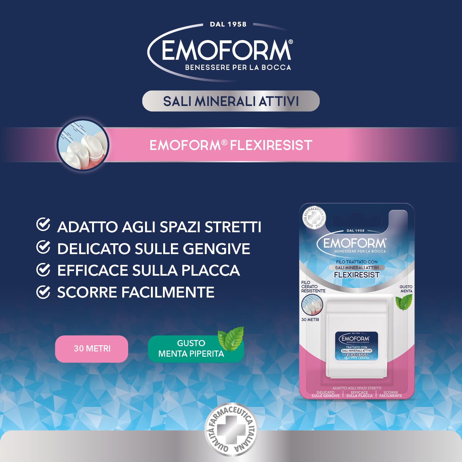 Emoform Filo Interdentale Flexiresist Cerato - Trattato con Sali Minerali e Menta, 30mt - Delicato sulle Gengive Infiammate con Scorrevolezza Ottimale per una Pulizia Denti Profonda.