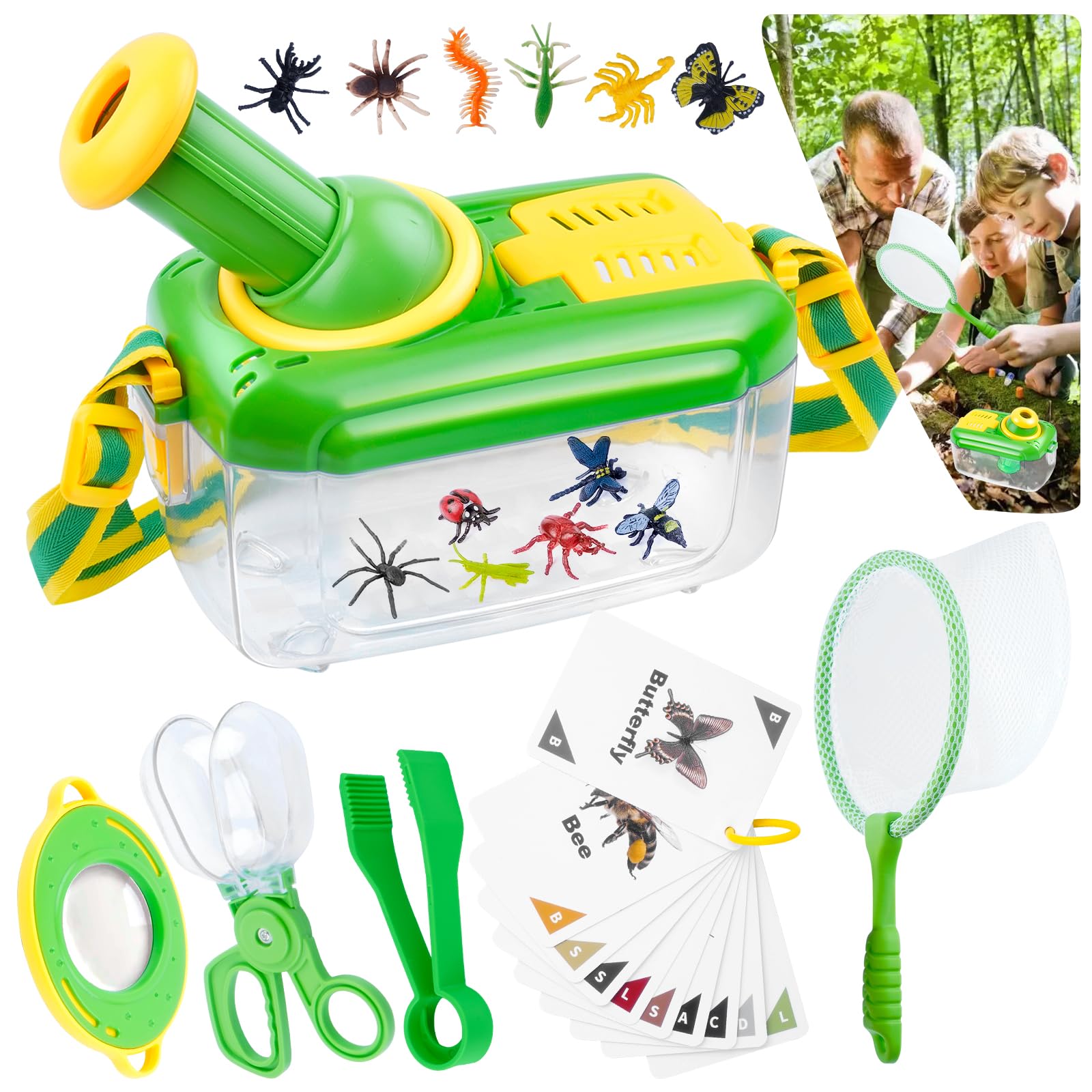 nuyikaso Bug Catcher for Kids 6 Pcs Bug Hunting Kits for Children with 12 Fake Insects 360 Rotating Viewing Angle Magnifying Glass Outdoor Explorer Educational Toys Gifts for 3-8 Years Old