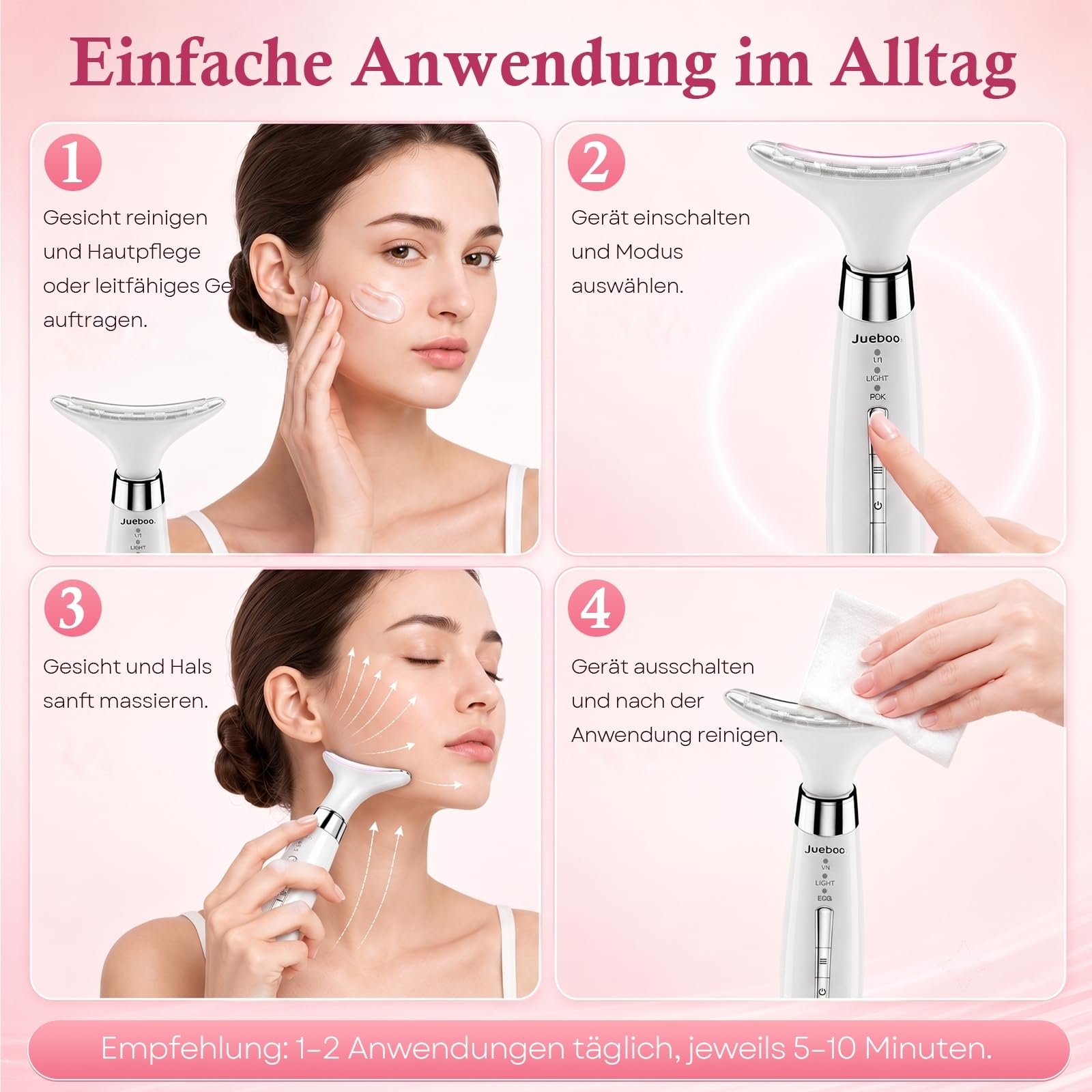 Gesichtsmassagegerät Gesicht Massagegerät Face Massager: 4-in-1 EMS Gerät Gesicht mit 4 Massageköpfen - Massagegerät Gesicht mit Wärmefunktion LED Licht & Vibrationsmassage für Gesicht & Hals Gerät