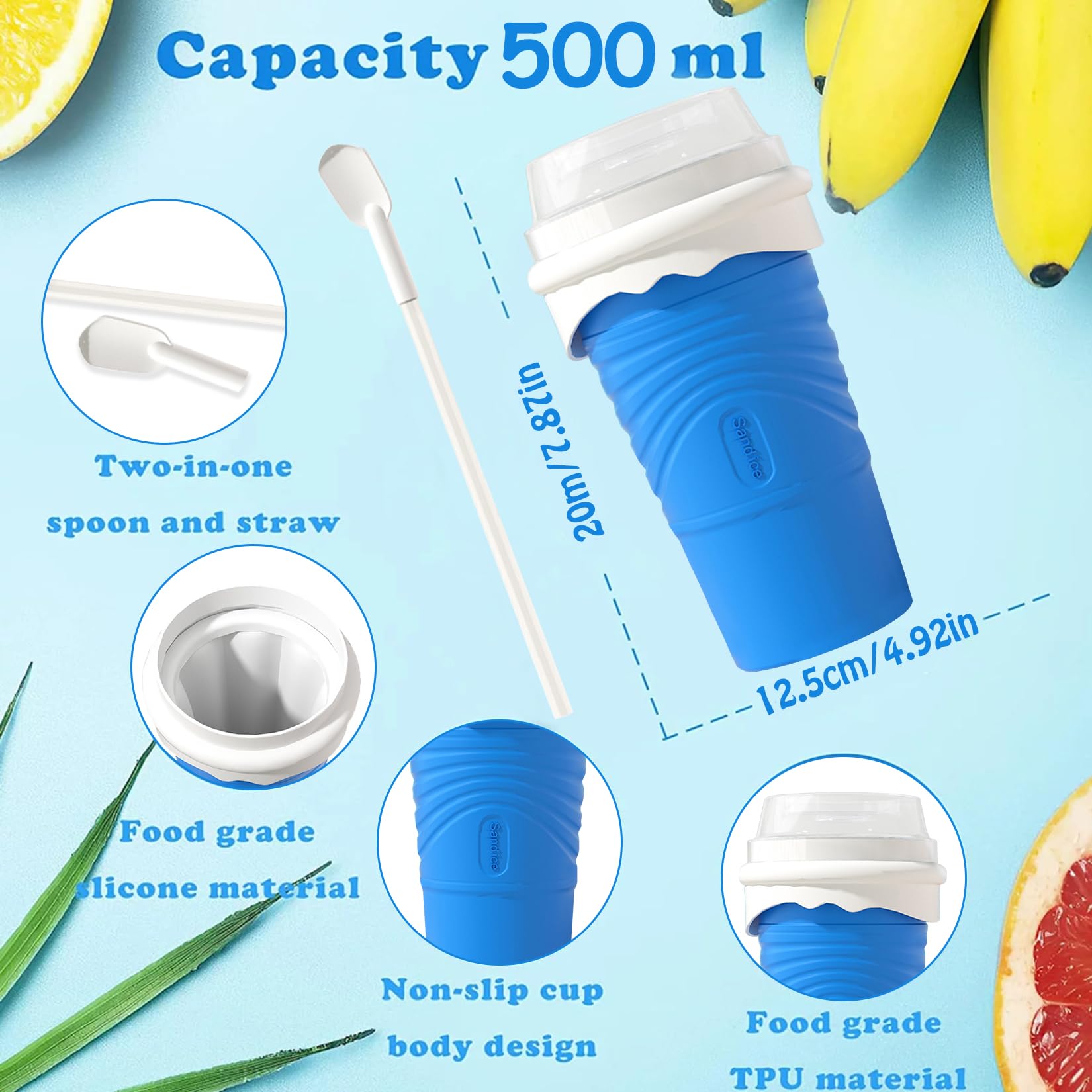 Slushy Maker Cup, Macchina per granita in silicone, Cucchiaio a cannuccia 2 in 1 (con spazzola per tazze) Per Macchina per granita