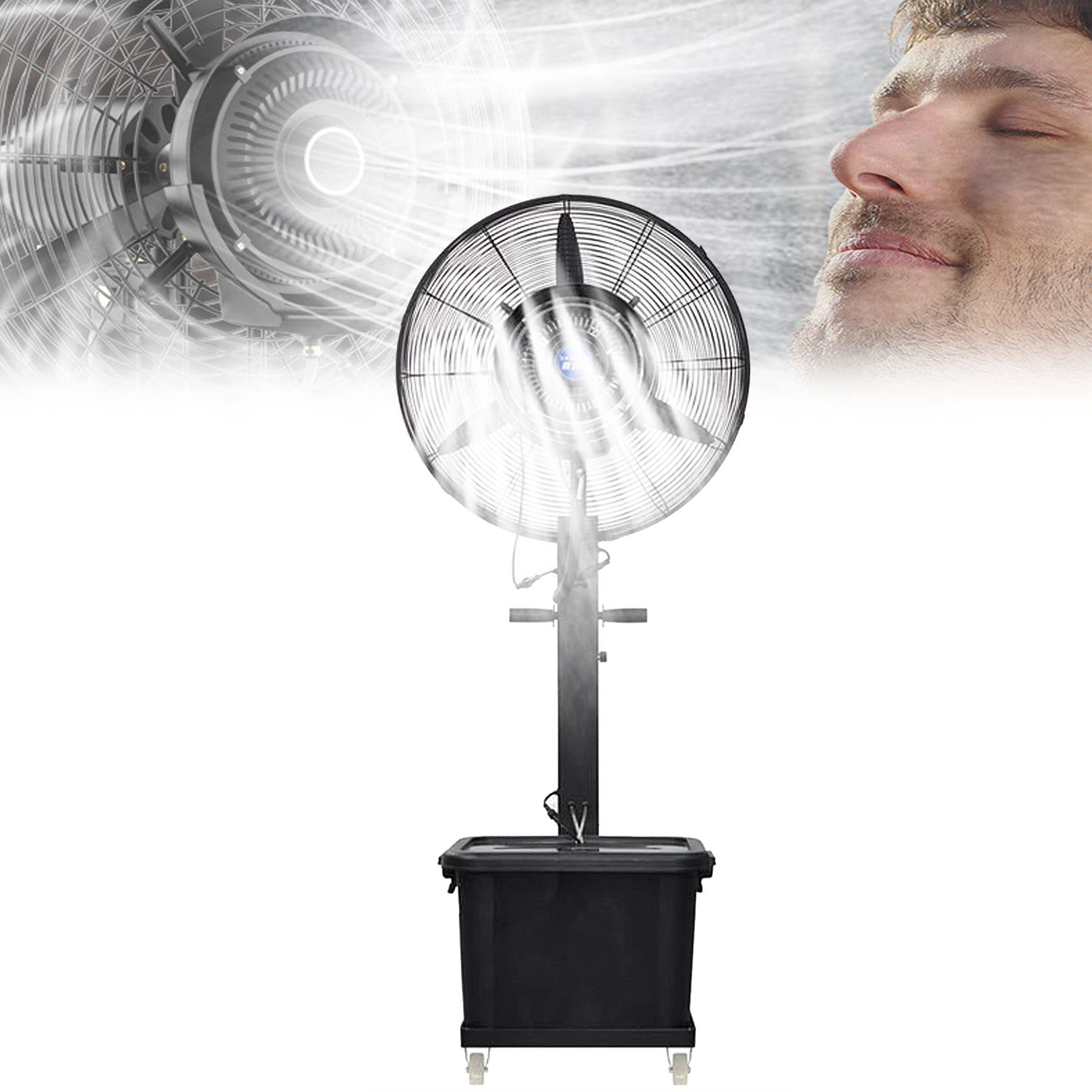 HPTHLY Pedestal Misting Fan, Industrial Metal Standing Fan With Mist, 3 Speeds Adjustable, 60° Oscillating, 9 Gallon Large Capacity Tank, Outdoor Backyards Cooling Fan (81Cm/31.9In)