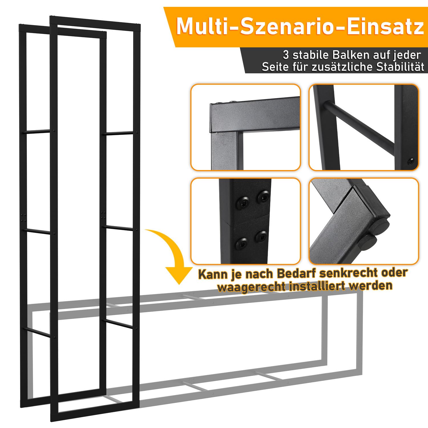 Ikodm kaminholzregal Innen und Aussen, Metall Brennholzregal außen 40 x 25 x 150CM, Holzstapelhilfe für Kamin & Ofen, Holzunterstand für Kaminholz Aussen, Schwarz